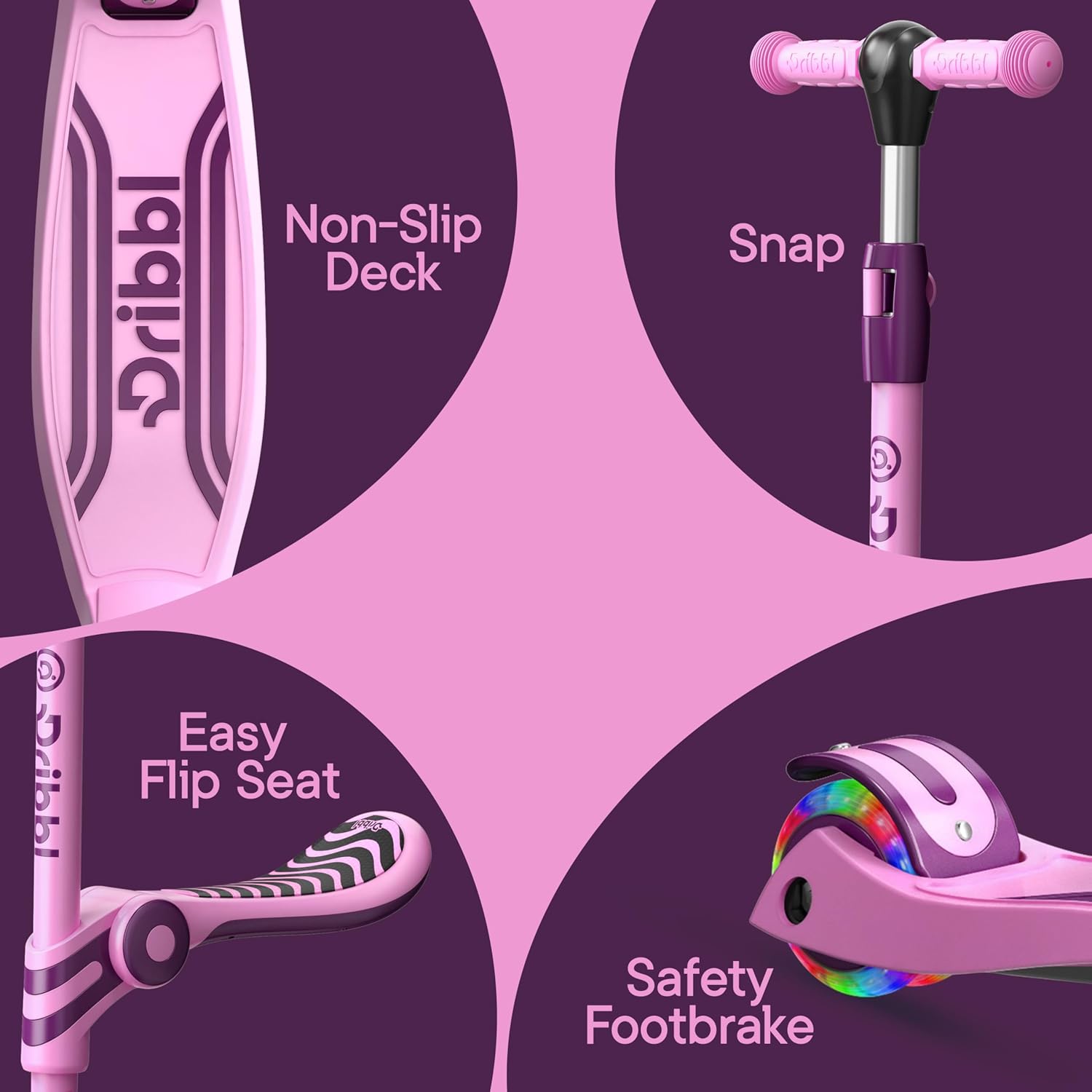 Pink and Purple 3 Wheel Scooter with Seat for Kids, Light-Up Wheels, Adjustable Lean to Steer Handlebar and Seat, Smooth Wheels, Wide No-Slip Deck, Rear Foot Brake, Toddler Outdoor Toys for Ages 2+ - Image 6