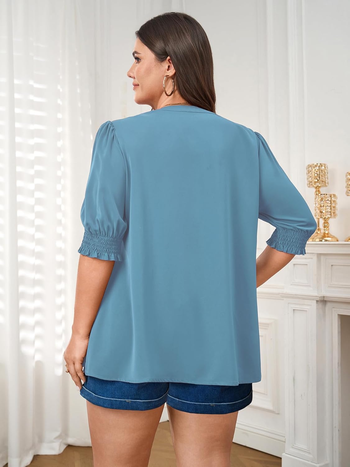 SCOMCHIC Plus Size Blouses for Women Dressy Casual Summer V Neck Short Sleeve Business Work Tunic Tops Loose Shirts - Image 7