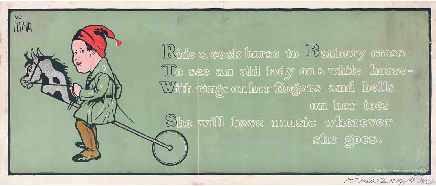 ArtDirect Boy riding hobby horse with nursery rhyme (1903) Unframed Art Print Giclee Poster by O.C Malcolm - Ready for Framing with Customization Sizes 10x4, 14x6, 20x8, 36x15, 48x20 and 60x25 inches