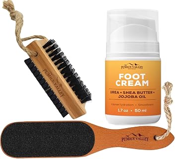 Pumice Valley Foot Cream for Dry Cracked Feet and Heels Urea, Shea Butter, Jojoba Oil, Vitamin E - Wooden Cleaning Finger Nail Brush with Nylon Charcoal Bristles&Hanging Rope - Pumice Stone Foot File