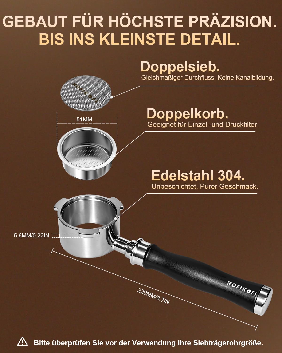 KOFIKOFI Porte-filtre sans fond de 51 mm, 3 oreilles, compatible avec DeLonghi Dedica EC680/EC685/EC885, Smeg, EUPA, porte-filtre en acier inoxydable avec tamis à puck, panier filtrant