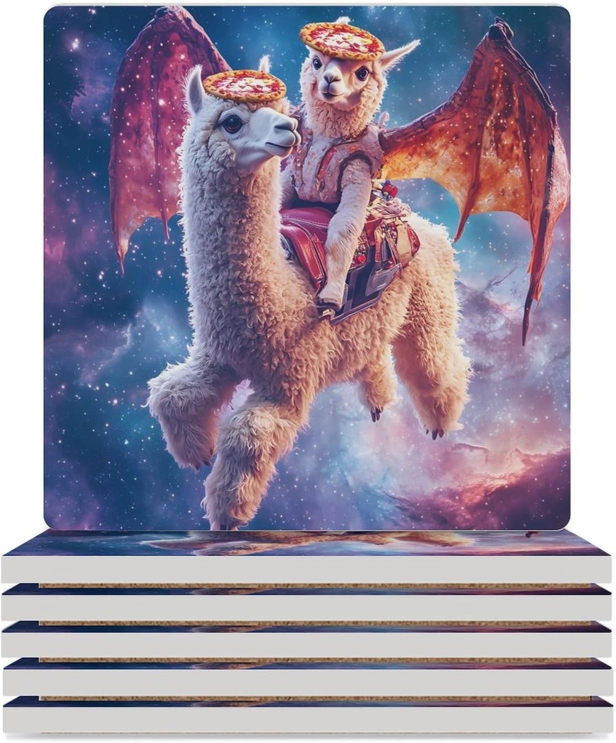 Alpaca with Dragon Wings Galaxy Funny Ceramic Coasters for Drink Absorbent Cup Holders Tabletop Protection