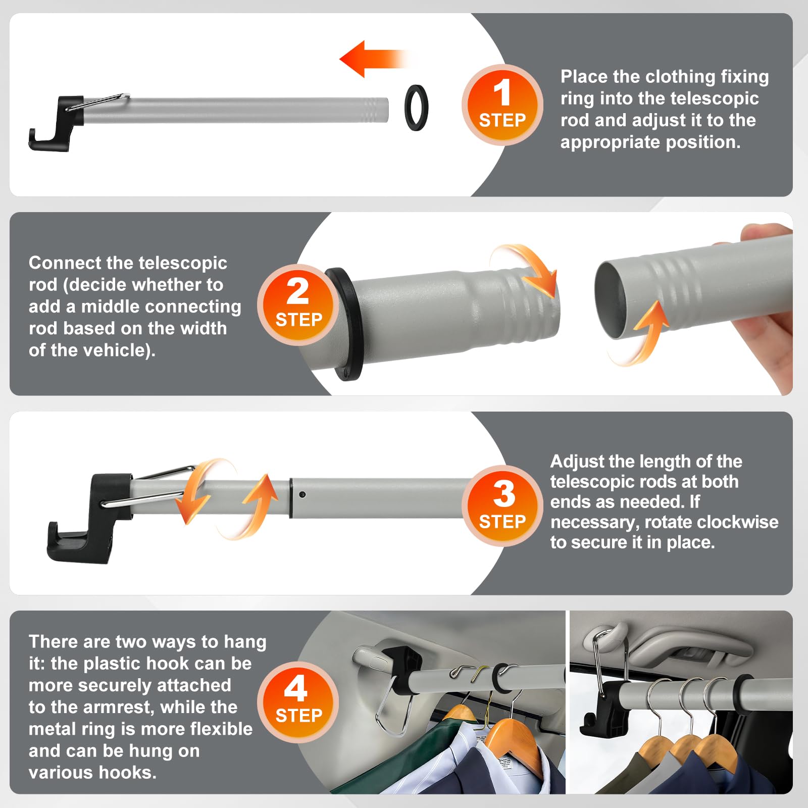 Car Clothes Hanger Bar Heavy-Duty Wrinkle Free Clothes Rack for Car Adjustable 30-64 Inches Automotive Travel Hangers for SUVs, Vans, Trucks, RVs (Gray)