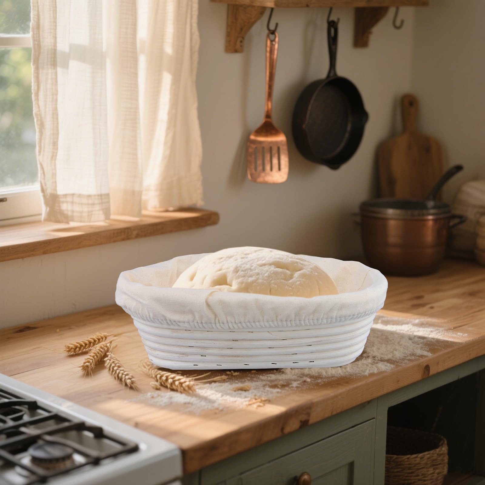 SINJEUN Banneton pour Pain - Lot de 2 Panier de Fermentation Ovales 25 cm et 28 cm en Rotin avec Tissu en Lin - Cuisson Levain