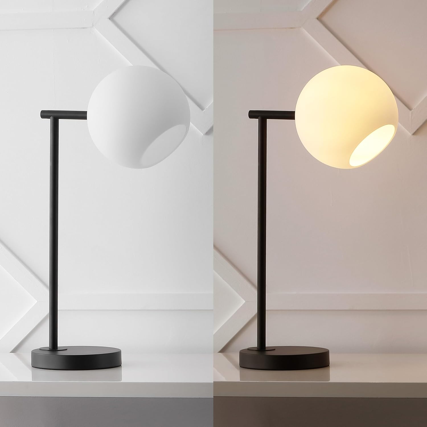 JONATHAN Y 20.5" Black Modern Metal Marble LED Bedside Table Lamp for Bedroom, Frosted Glass Globe Shade, Minimalist Scandinavian Lamp for Living Room (JYL1000B)