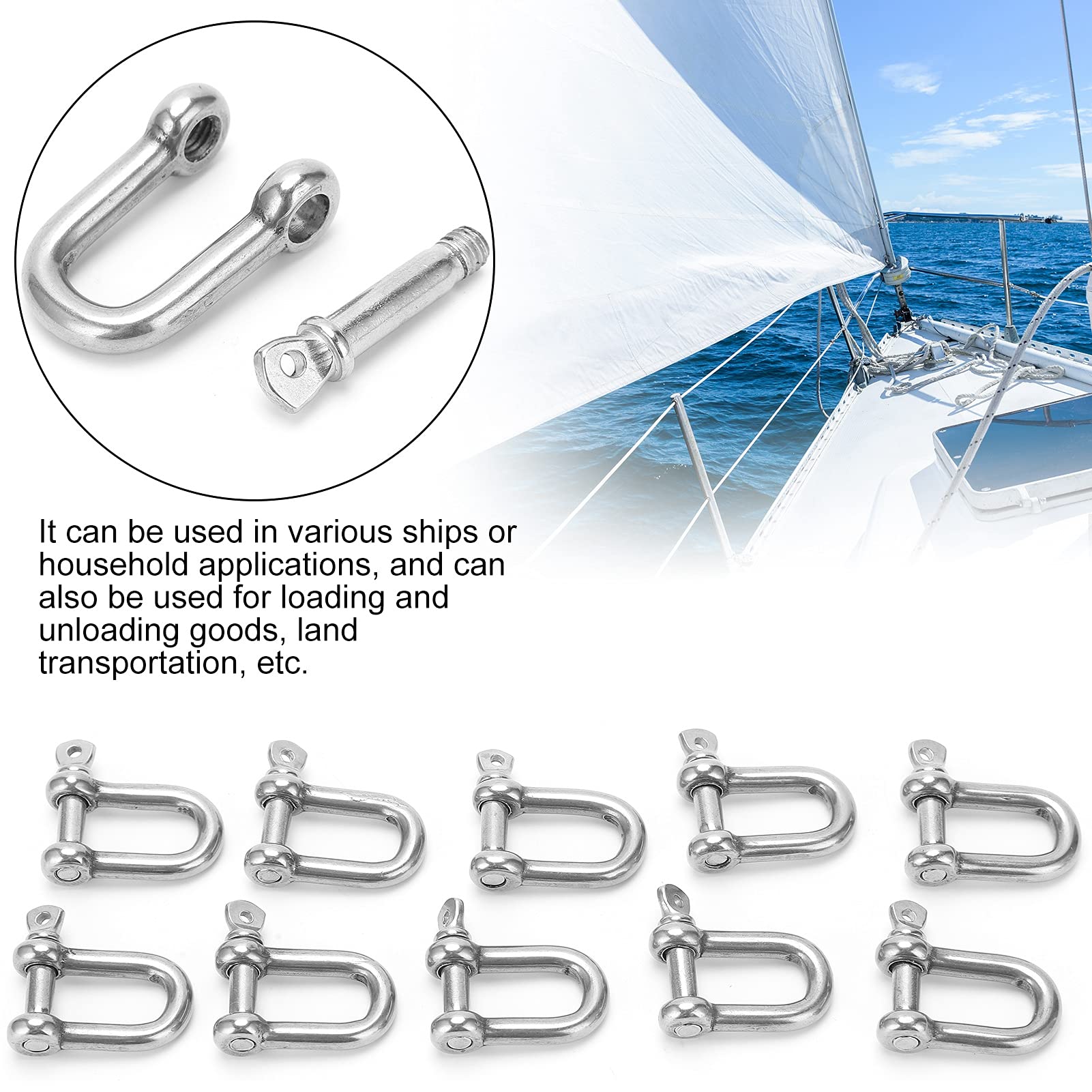 lvifloae 10Pcs Shackles for Towing M5 Straight D Shackle Stainless Steel D Type Rigging Chain Shackle Hook Sling Screw for Traction Steel Wire