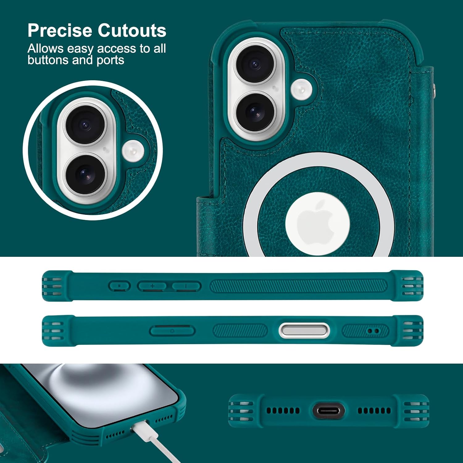 VANAVAGY Compatible for iPhone 16 Wallet Case for Magsafe Wireless Charging, PU Leather Flip Folio Case [Screen Protector & Camera Lens Cover] with Strap RFID Blocking Card Holder,Midnight Green - Image 7