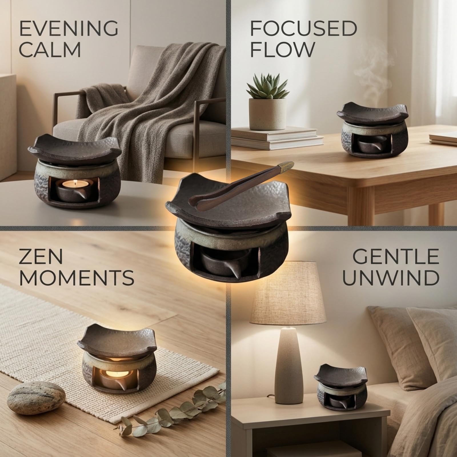 Keramik Aromatherapie Brenner mit Zange, Duftdiffusor für ätherische Öle, Teelicht Kerzenhalter Wärmer, Kräuter Räucherbrenner Set, Zen Stil für Zuhause, Büro, Meditation, Entspannung