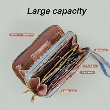 Women Wallets, Large Capacity Double Zip Long Purses for Women, PU Leather Ladies Credit Card Holder Wallet with Zip Pocket Multi Card Slots and Big Compartments (Blue)
