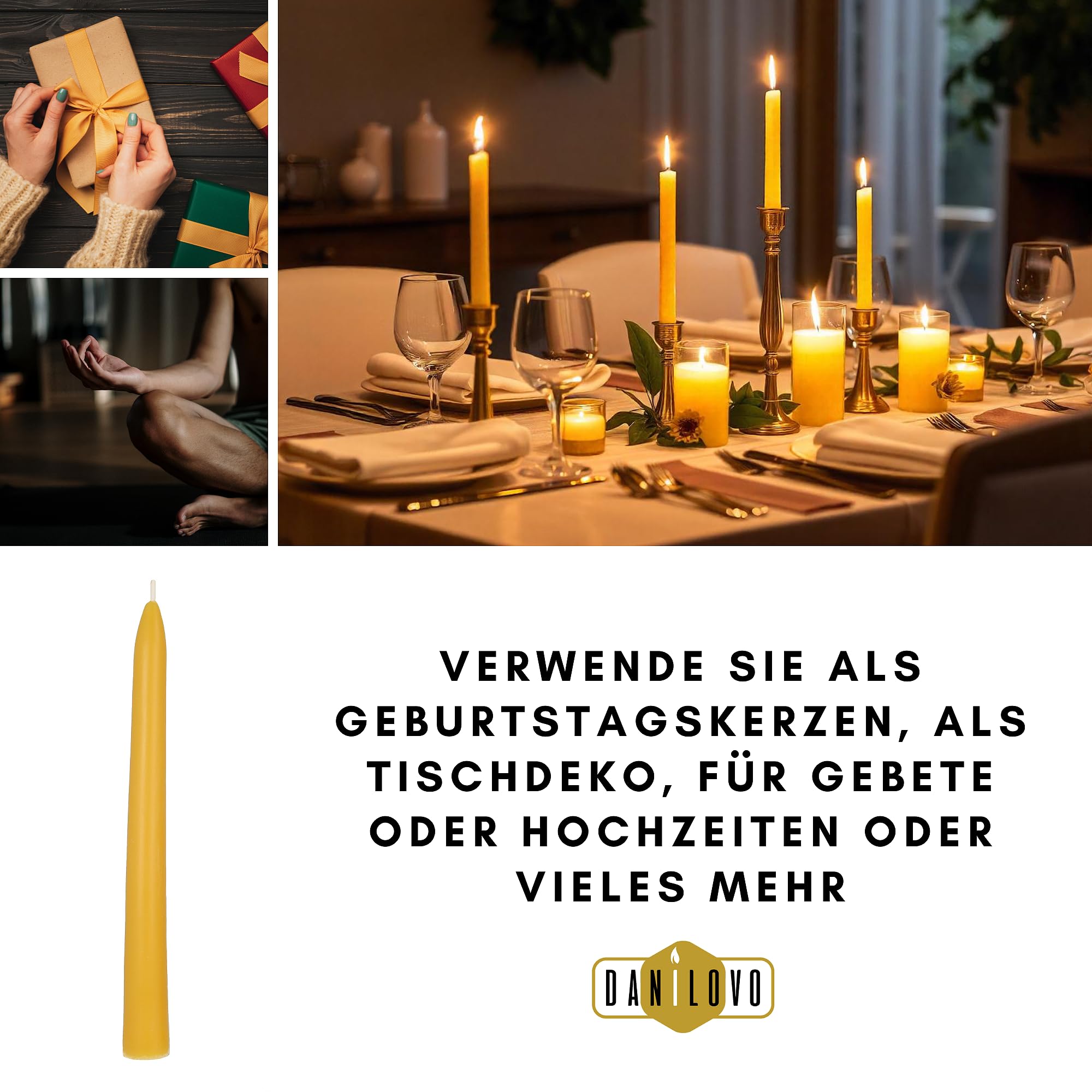 Danilovo Stabkerzen Bienenwachskerzen 10 Stück – Natürliche, Nachhaltige, Lang Brennende Bienenwachskerze für Jeden Anlass & Kerzenständer - Honigduftende, Reine Bienenwachs Kerzen