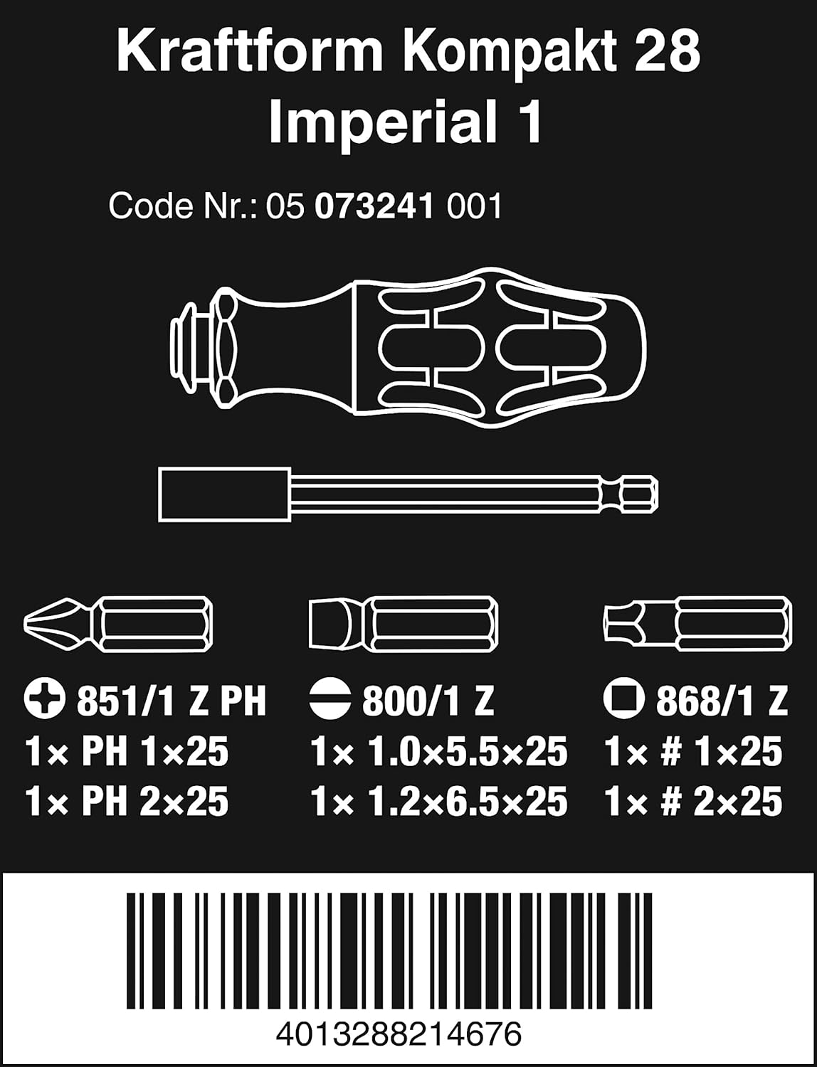 KK 28 Bithold Screwdrvr PH/SL/Square Bits; out pouch