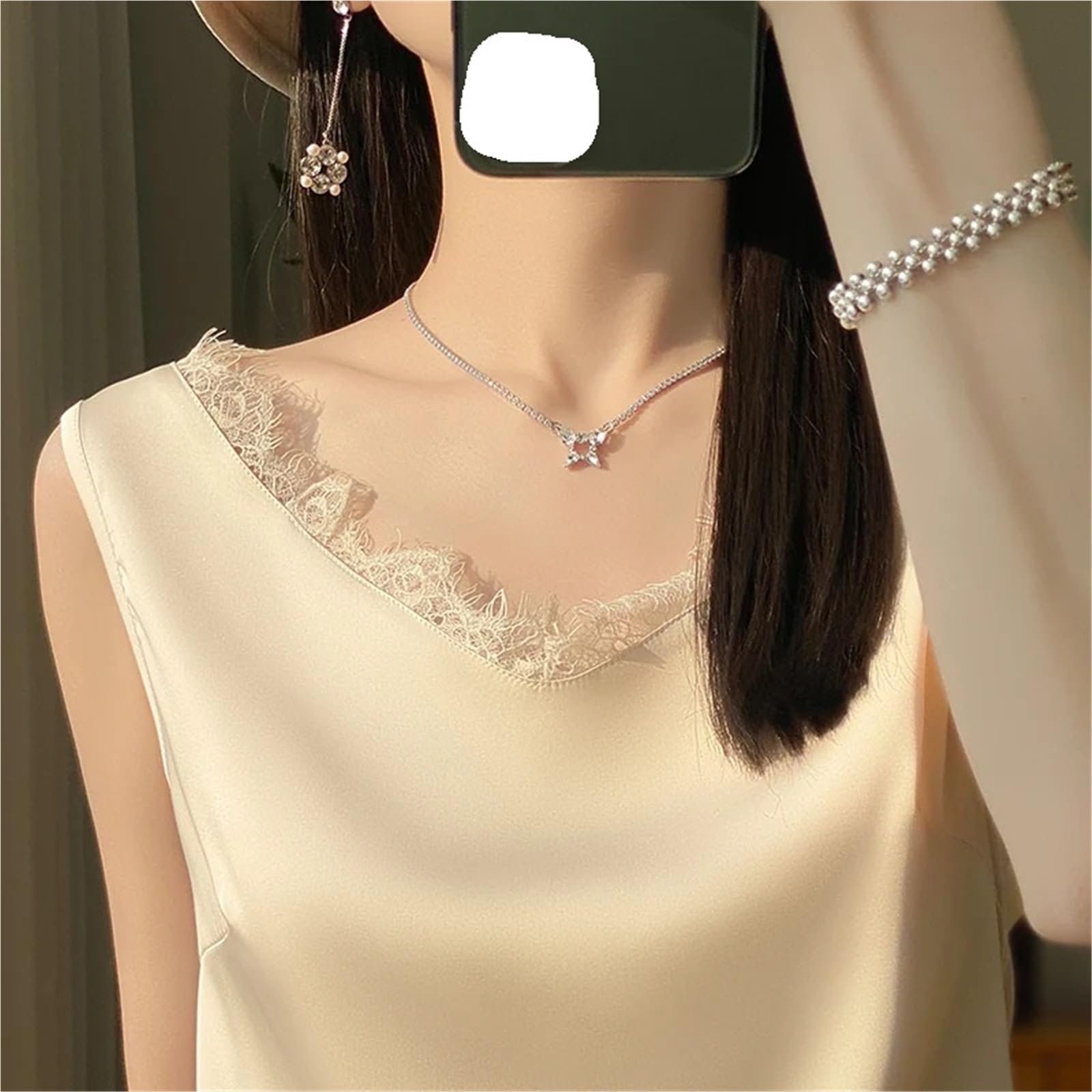 Caraco Satin Femme Débardeur d'été en Soie for Femme, col V, Satin, de mûrier, Sexy, Bretelles suspendues Dentelle, Haut Fin sans Manches, sous-Couche
