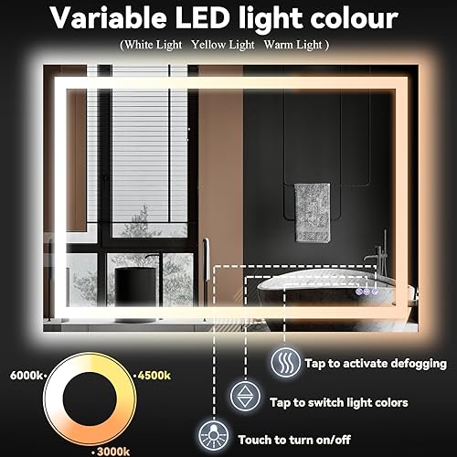 Miniatura 4 de VooBang Espejo de baño LED de 26 x 38 pulgadas, 3 modos de iluminación ajustables, espejo de tocador de baño inteligente, antiniebla, función de