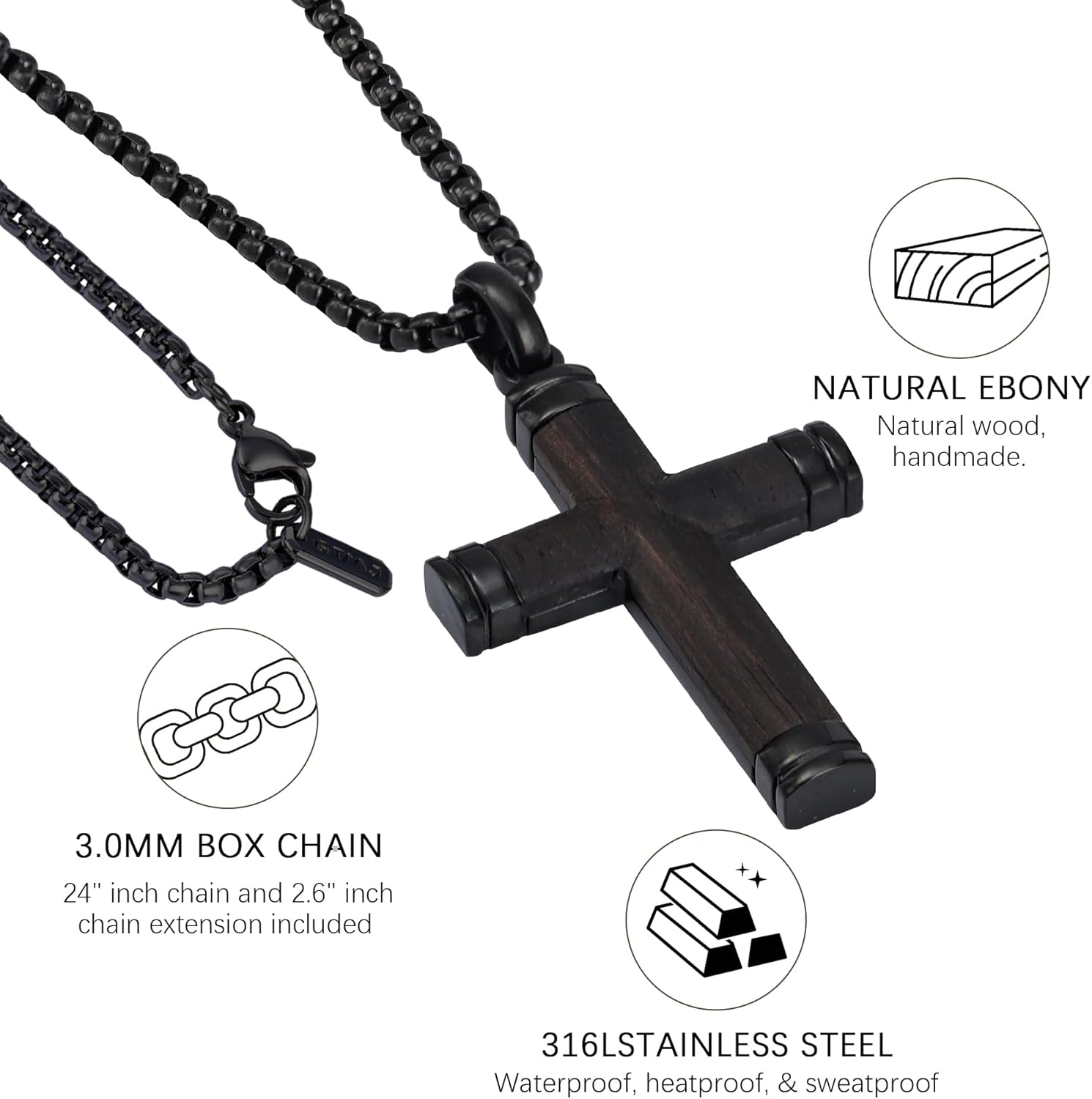 Cross Necklace for Men -Stainless Steel & Wood Adjustable Box Chain 24-26in, Spiritual Jewelry Gift for Him, Everyday Wear - Image 6