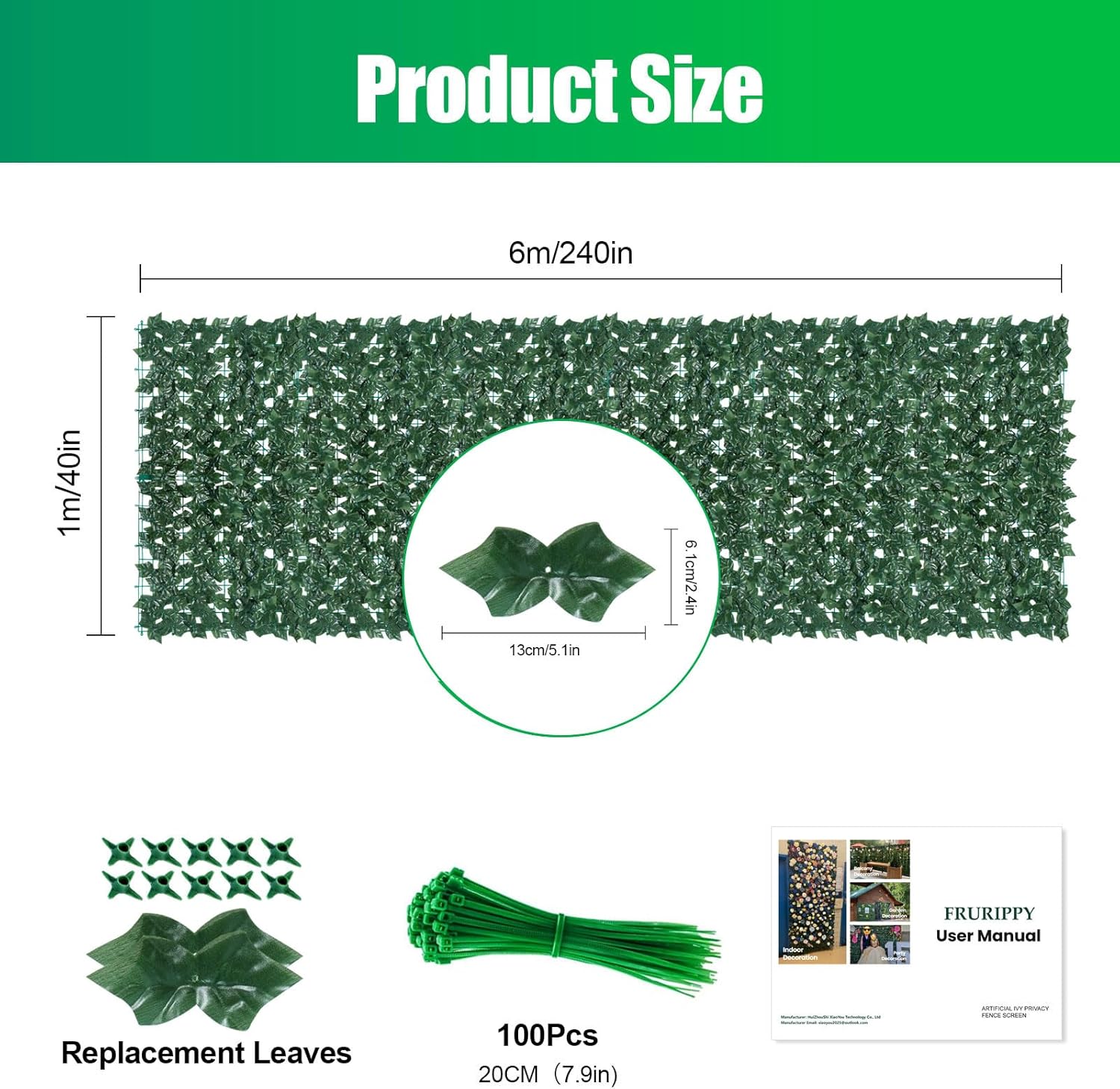 Artificial Ivy Privacy Fence Wall Screen, 240"x40" Artificial Hedges Fence, Anti-Ultraviolet Artificial Faux Ivy Hedge for Outdoor, Garden Décor