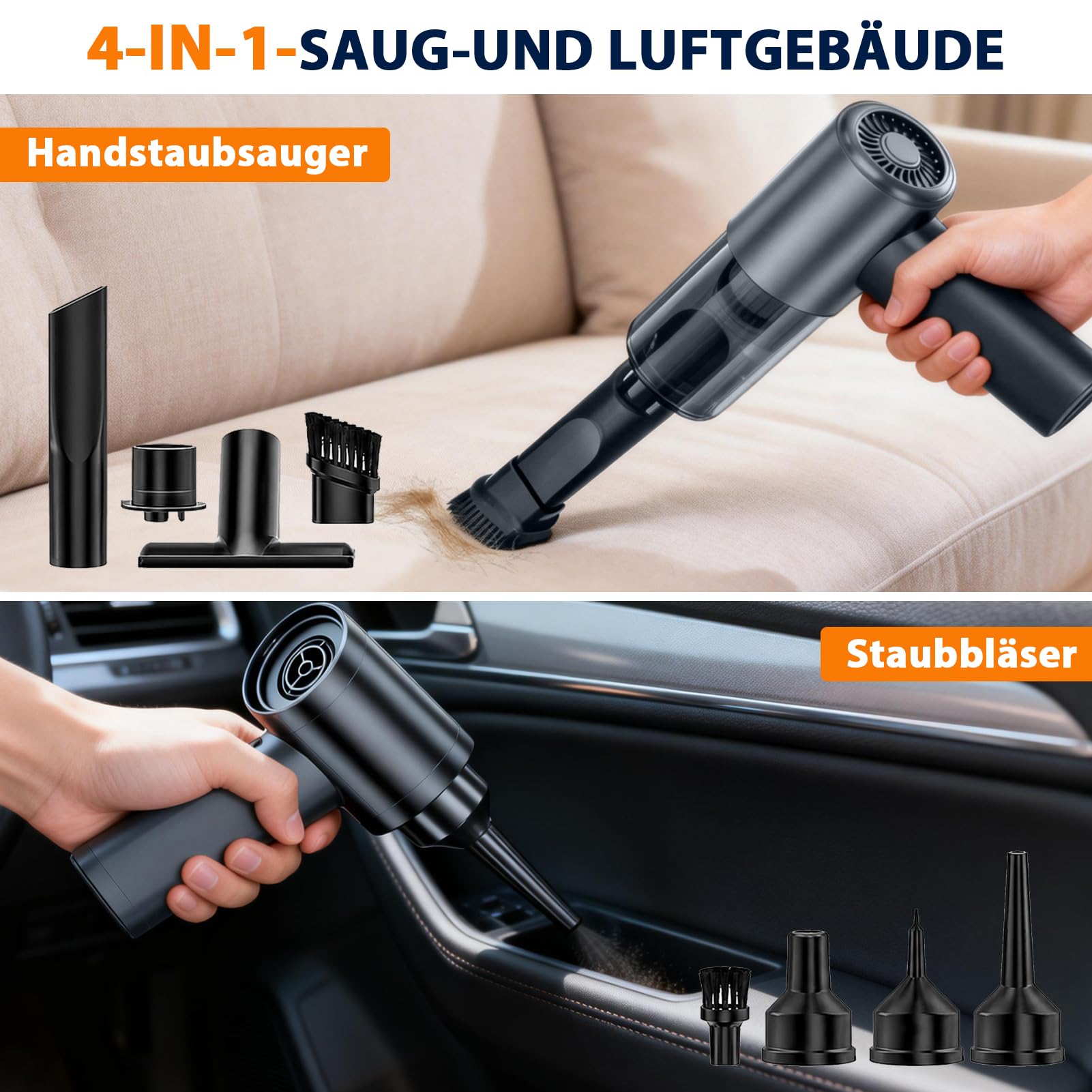 Handstaubsauger Akku Kabellos 30kPa - Mini Auto Staubsauger mit Bürstenloser Motor Stark Autostaubsauger Handsauger für Autos, Büros, Schlafzimmer, Küche, Wohnzimmer Haus& Tierhaar Reinigung