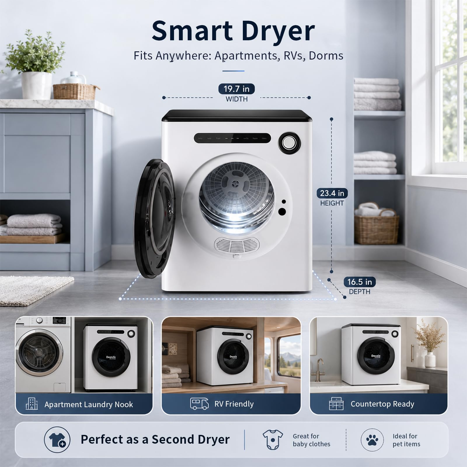 Dessiz Wäschetrockner, 970 W, 1,6 Cu.Ft. Maschine mit Edelstahltrommel, 5 kg mit Abluftschlauch, digitaler Steuerung, Auto-Stop mit Hygrometer-Sensor, Trockner für Wohnungen, Zuhause, Wohnmobil