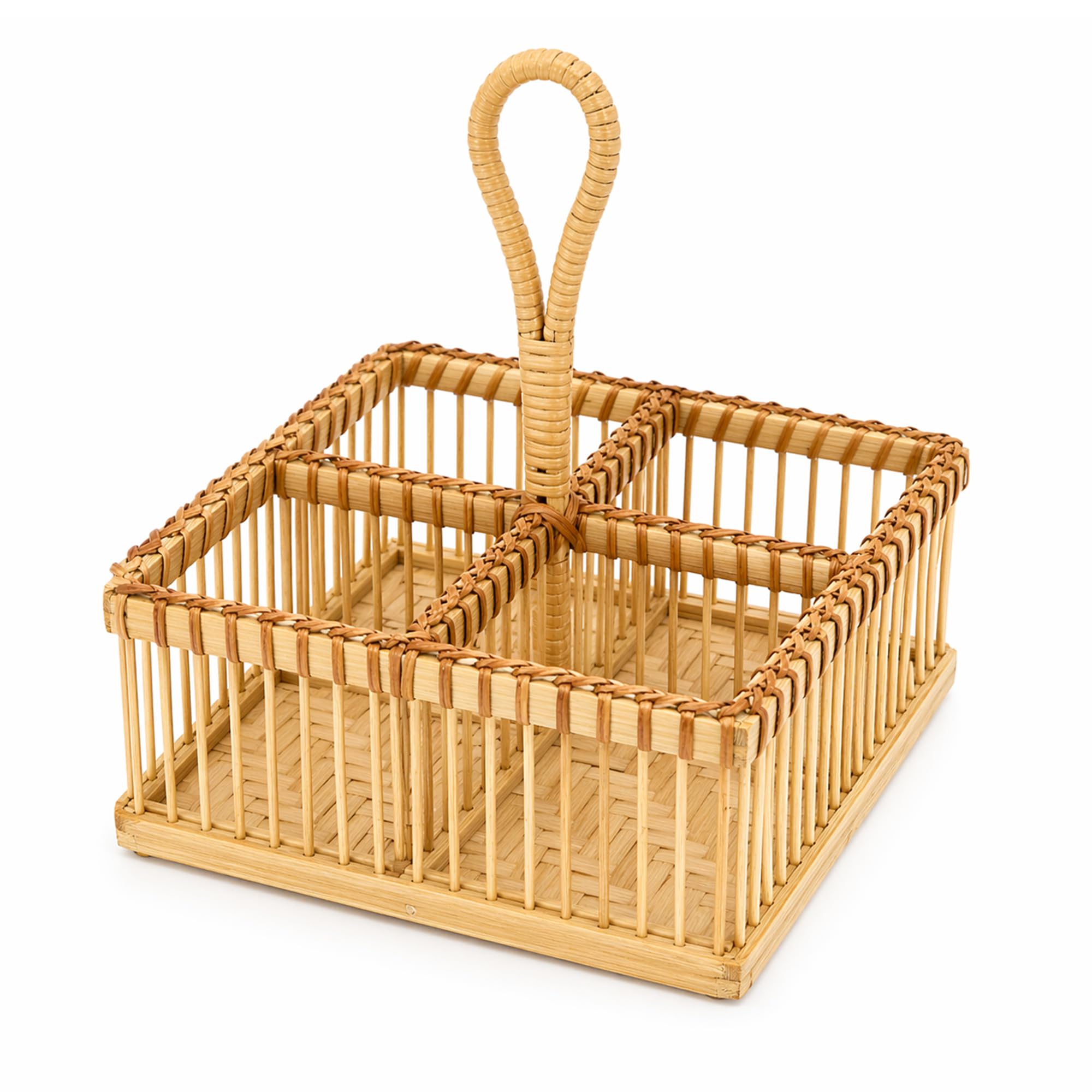 Vr Angle Natural Vr Angel Rattan Cutlery And Condiment Organiser Caddy With Handle 4 Compartment Kitchen Storage Basket Wooden Tabletop Holder For Utensils Dining Table Bbq Picnic Use Square