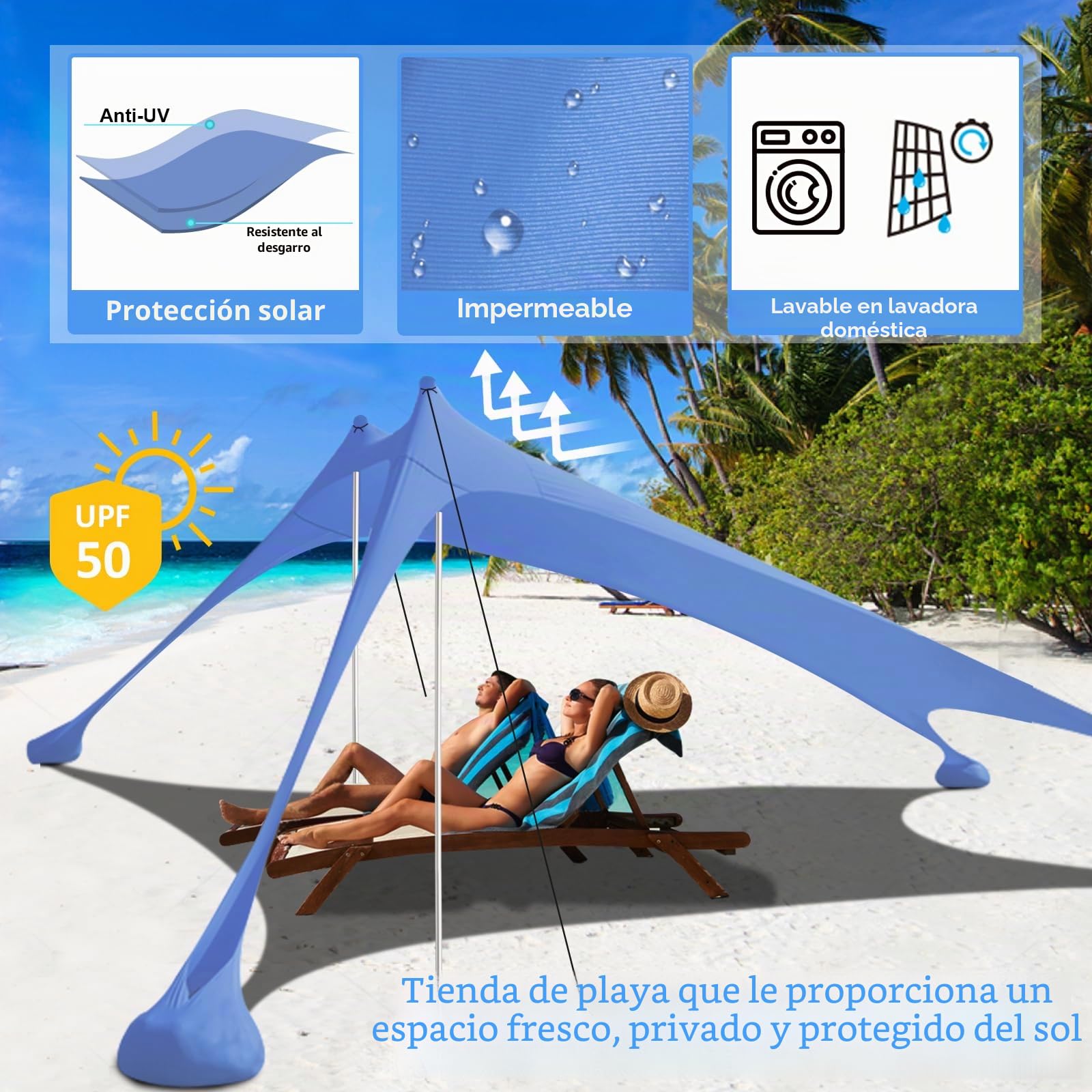 Riggo Tienda de playa, toldo SPF 50+, 3 × 3 m, con pala de arena, piquetas y barras de estabilidad, protección contra viento y sol, camping, pesca, diversión