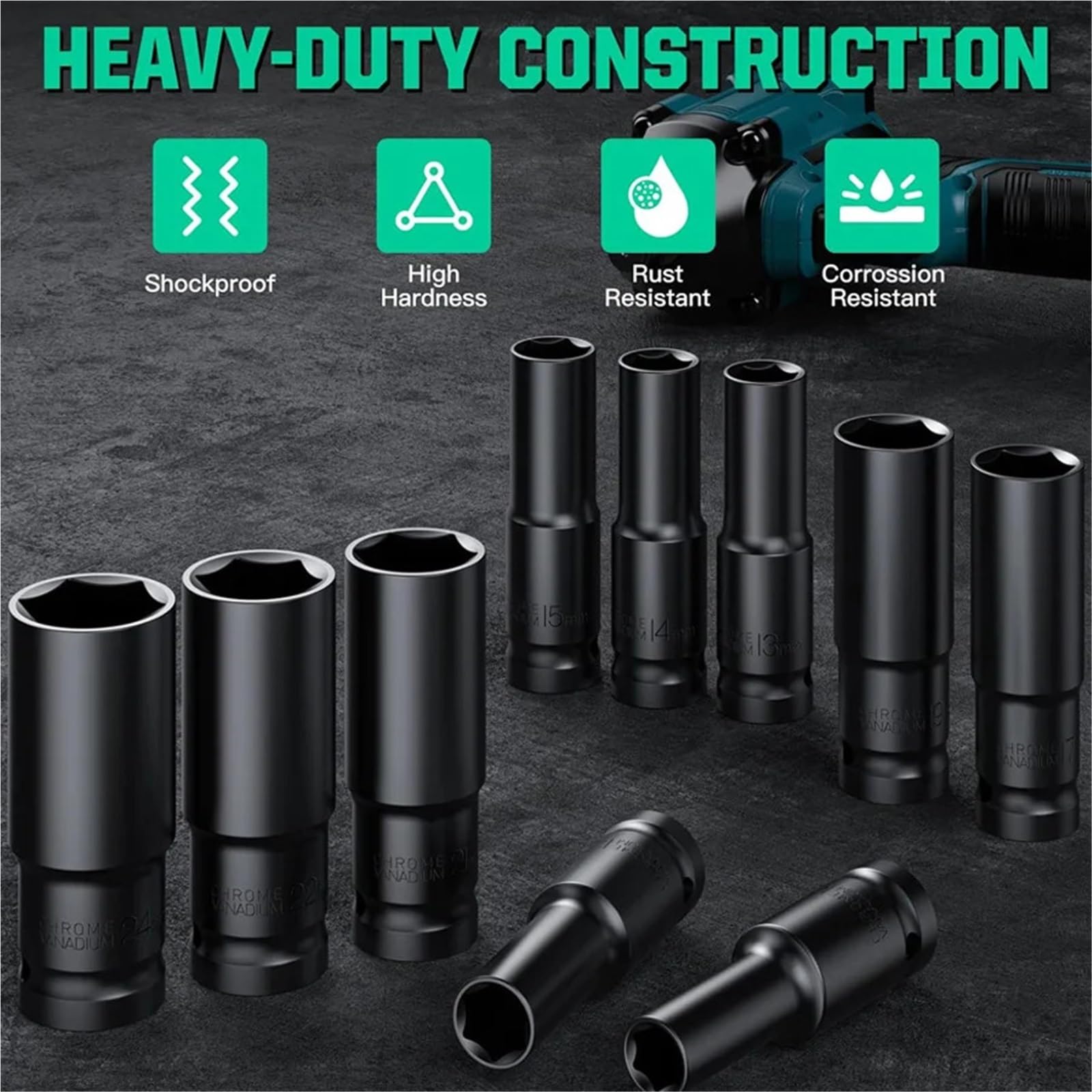 1/2Inch Drive 6-Point Impact Socket Set 10-Piece Metric Sizes 8-24m/10-24mm Carbon Steel Impact Socket Set(10-24mm)