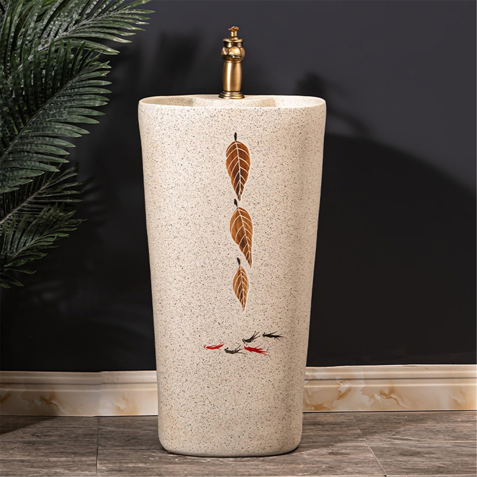 Lavello a colonna integrato in ceramica con rubinetto e kit di scarico, elegante lavabo per hotel, bagni e spazi moderni, facile da pulire, design salvaspazio