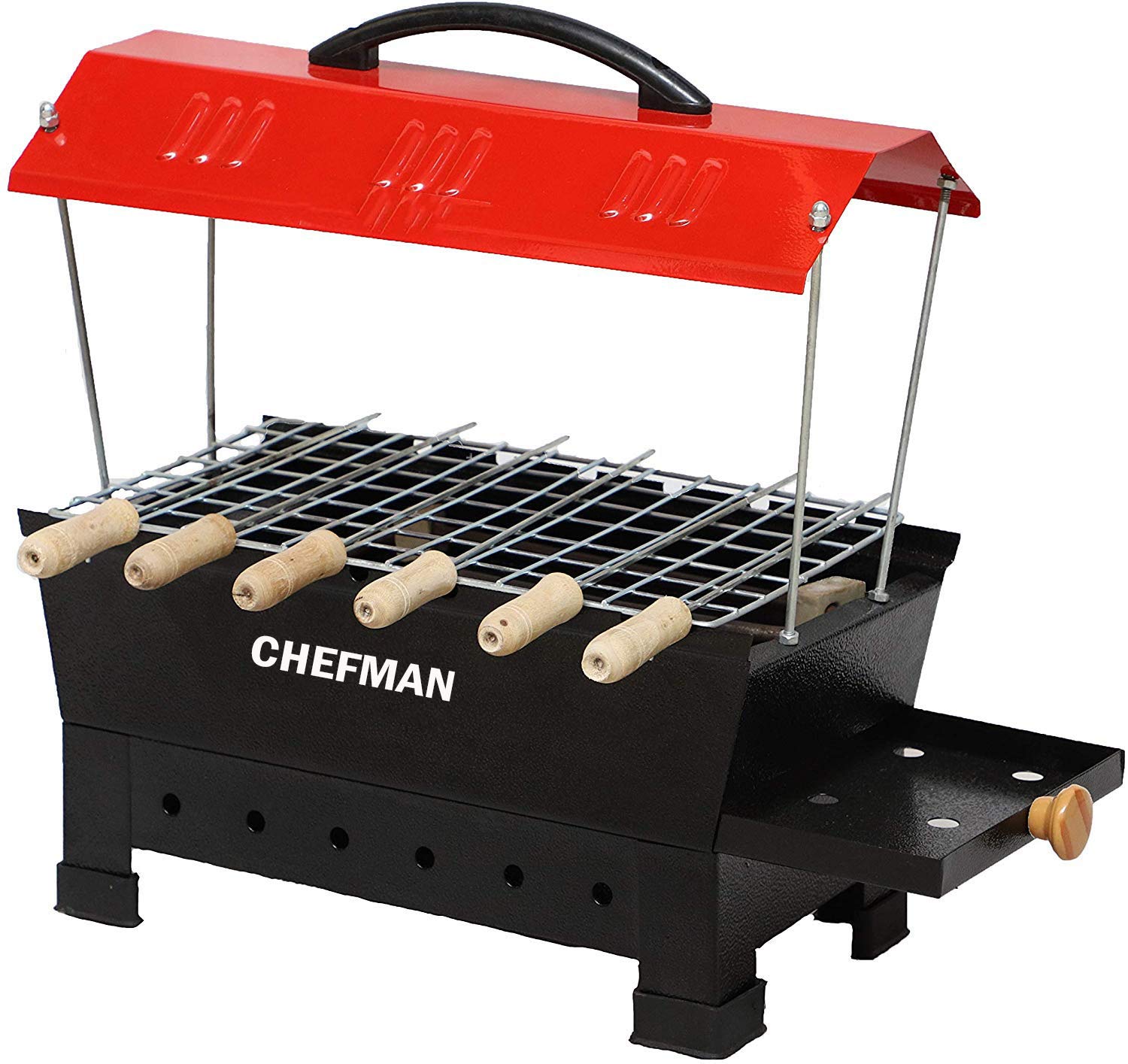 CHEFMAN Portable Trapper Charcoal Barbeque Grill with Wooden Handle | Easy To Assemble | Indoor & Outdoor | Coal-Based | Multi Purpose | Black