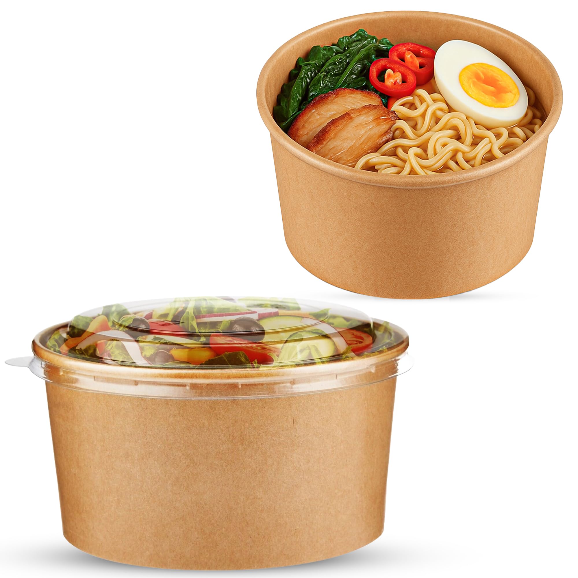 CHEF ROYALE 150x 1000ml Kraft Salad Paper Bowls with Lids - Disposable Takeaway Bowls for Hot/Cold Food - Leakproof Soup Containers - Carboard Packaging Bowls