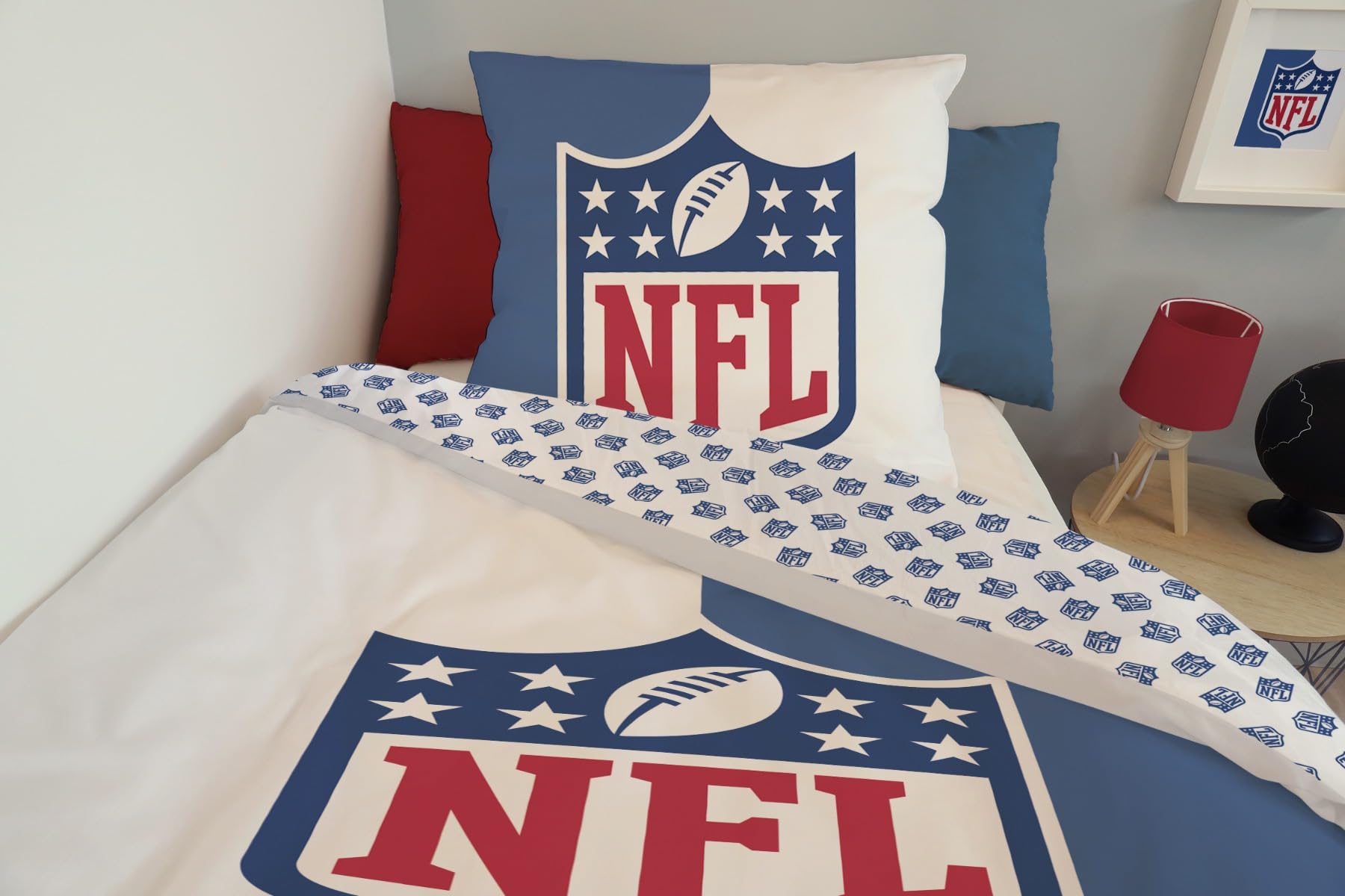 SAHINLER créateur d'univers NFL - Housse De Couette Football Américain Logo NFL 140x200 cm + 1 Taie d'oreiller 63x63 cm - 100% Coton - Bleu