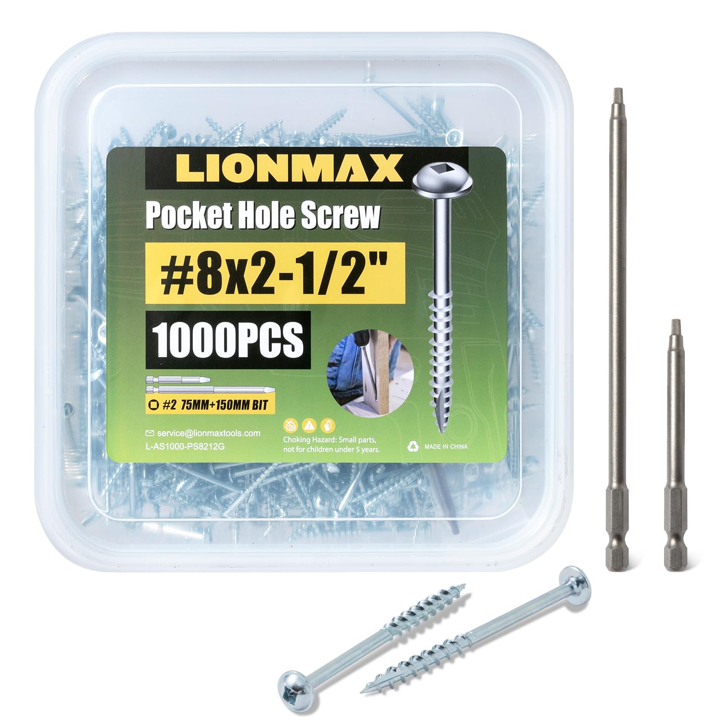 LIONMAX Pocket Hole Screws 2-1/2 Inch, 1000 PCS Interior Pocket Screw #8 x 2-1/2", Coarse Thread, Square Drive, Washer Head, Zinc Plated, 150MM and