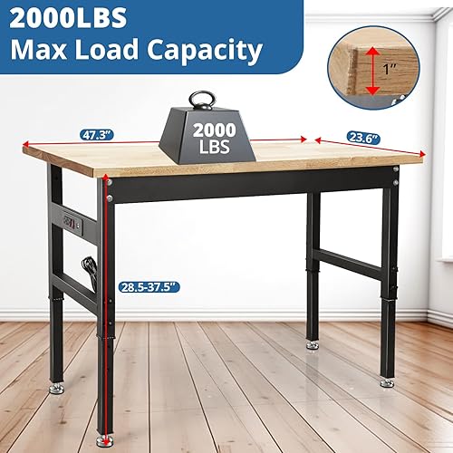 Miniatura 3 de Banco de trabajo ajustable, banco de trabajo de 47.5 x 23.6 pulgadas para garaje con toma de corriente, capacidad de carga de 2200 libras, mesa de