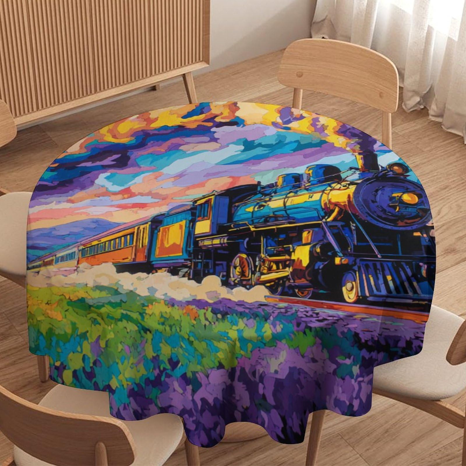 LUYYSKY Funny Realistic Antique Train Waterproof Round Tablecloth Mid Century Retro Sunset Forest Steampunk Steam Train Washable Table Cover for Kitchen-177.8" Wx177.8 L cm