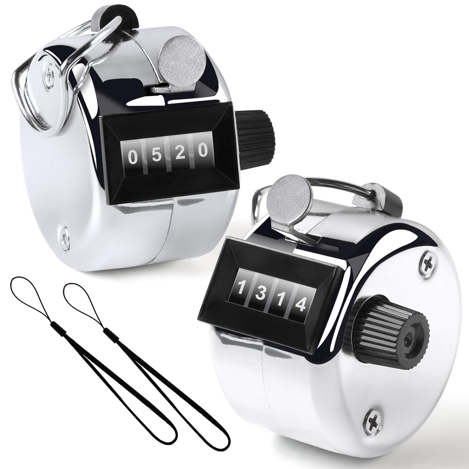 2 contadores de clicker de alta calidad, de metal plateado, contador de mano mecánico manual con cordón de nailon, contador de números de 4 dígitos para golf, personas, regazo y fila, etc.