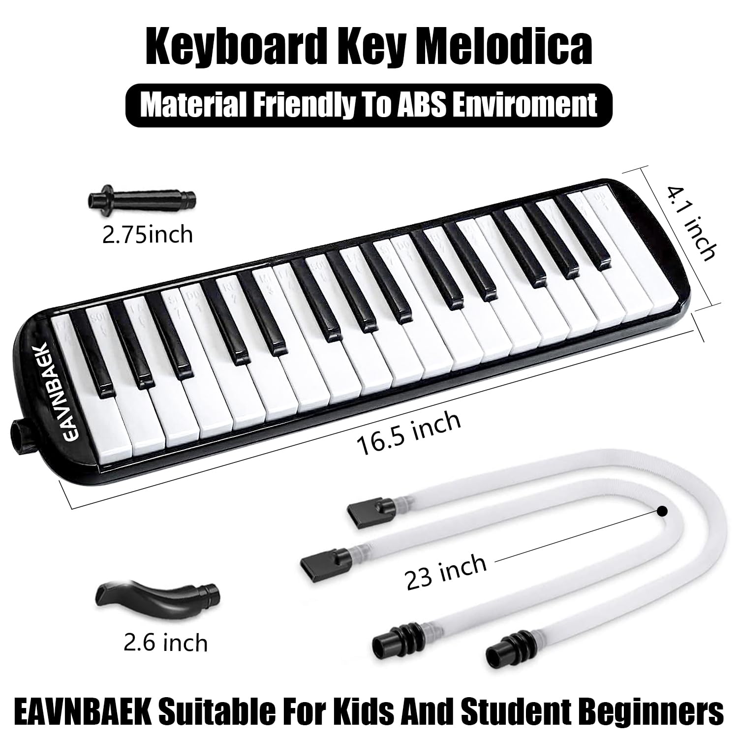 Eavnbaek Melodica Instrumento profesional, teclado de piano de aire, instrumento musical con boquilla corta y bolsa de transporte (32 teclas, negro)