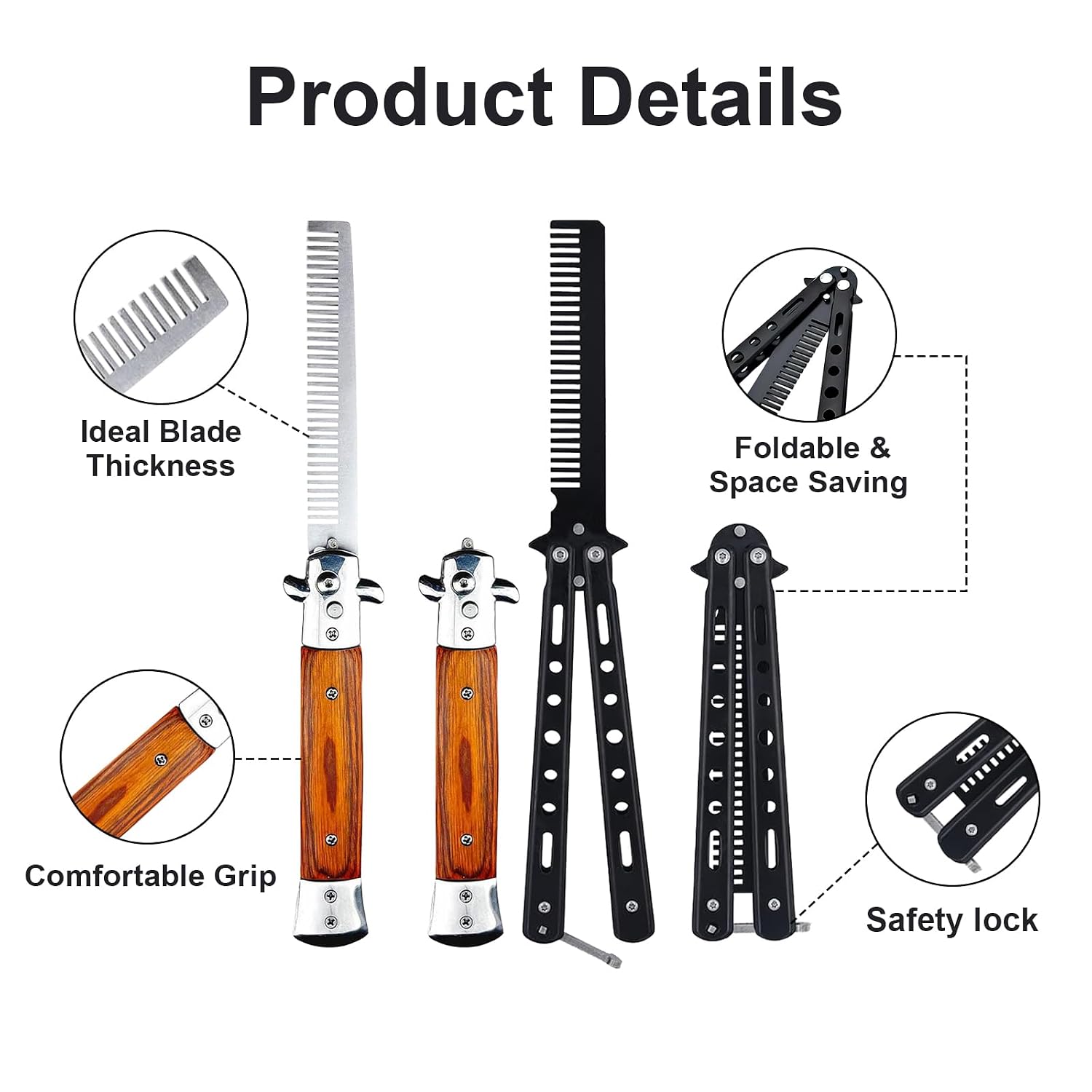 2 Pack Automatic Switch Folding Practice Combs, Stainless Steel, Brown image 3