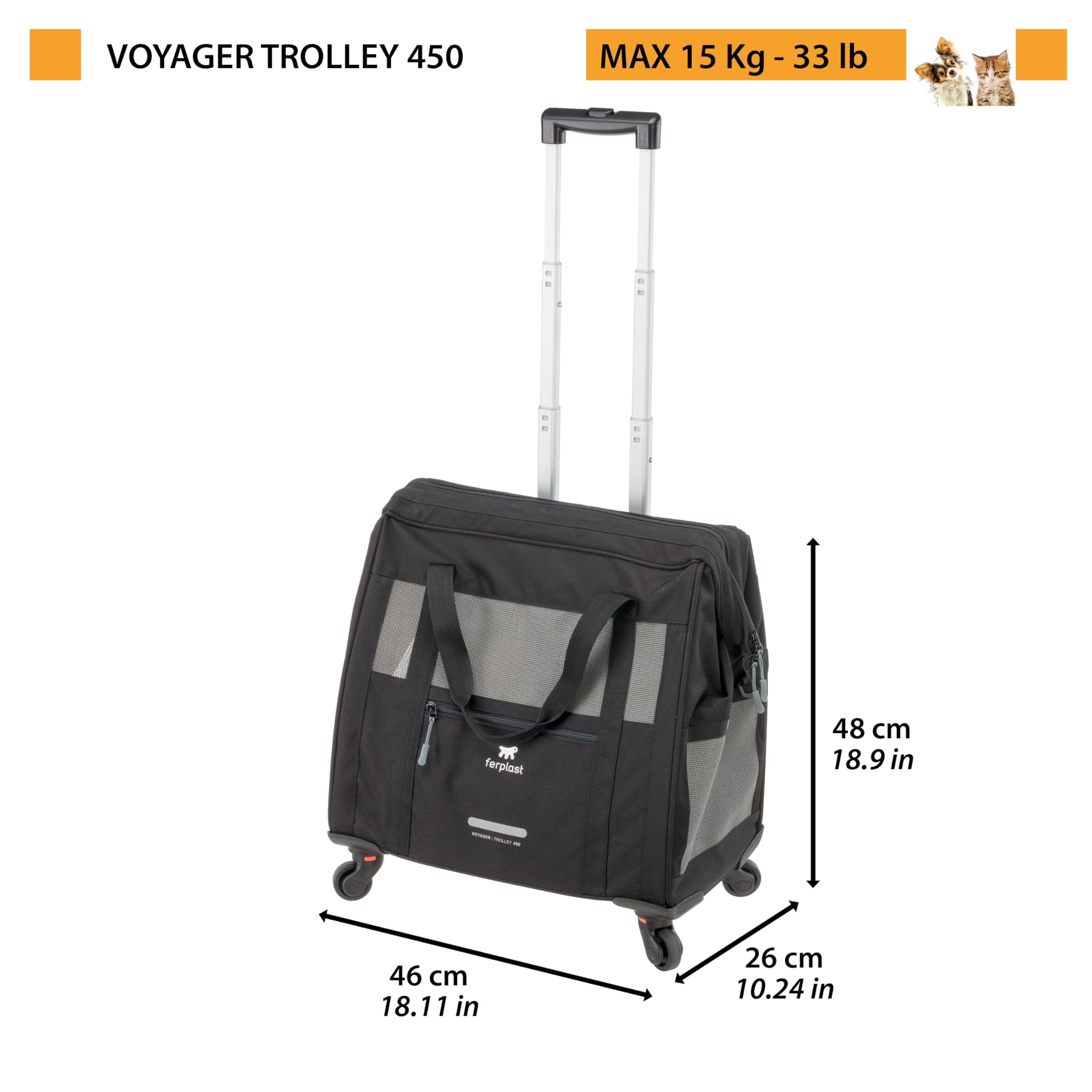Ferplast Hundebox Voyager Trolley, Transportbox Katze, Hundetasche, ausziehbarer Griff, verstellbare Gurte, breite Öffnung, abnehmbare Räder, max. 15 kg, 46 x 26 x 48H cm, Schwarz