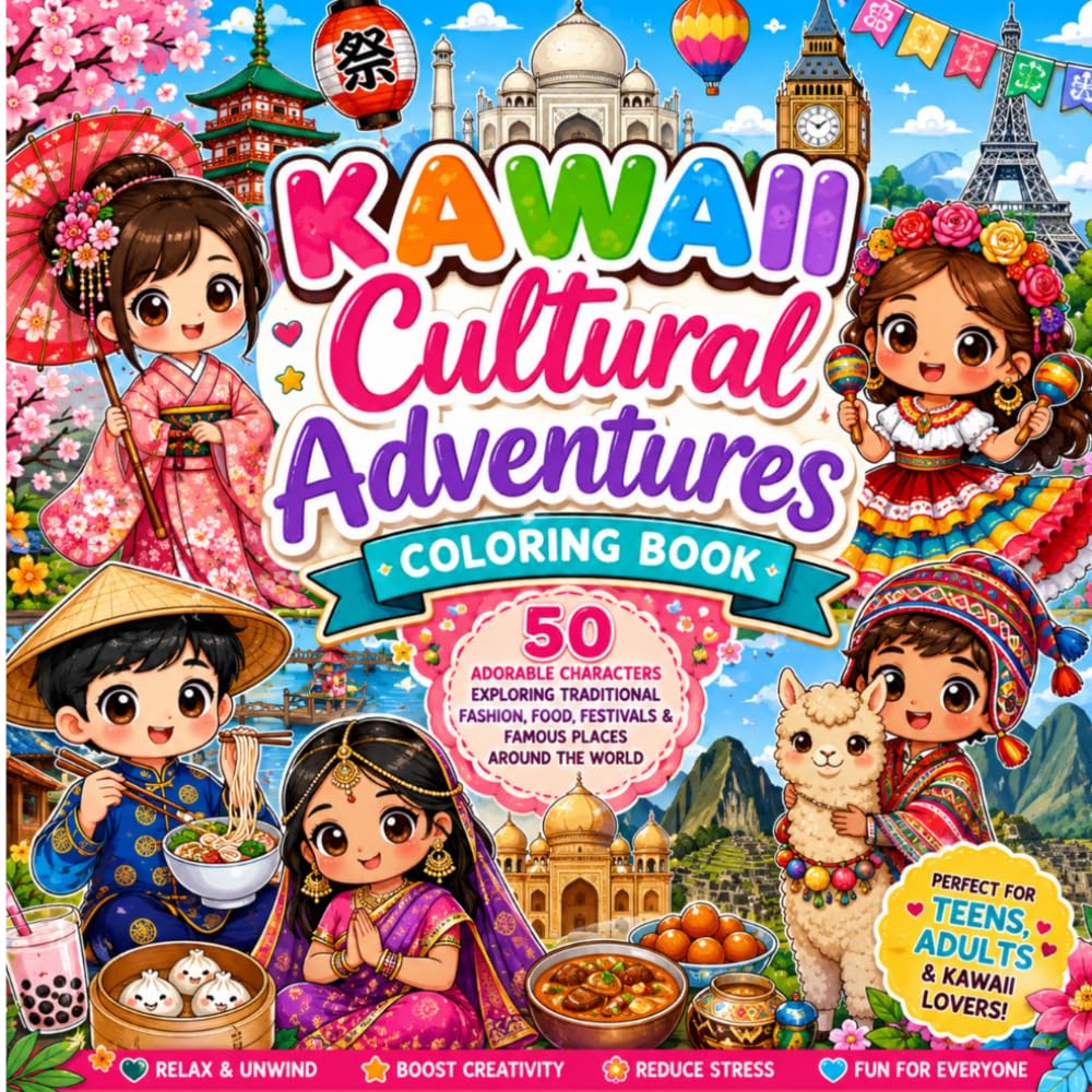Kawaii Cultural Adventures Coloring Book: Adorable Characters Exploring Traditional Fashion, Food, Festivals & Famous Places Around the World