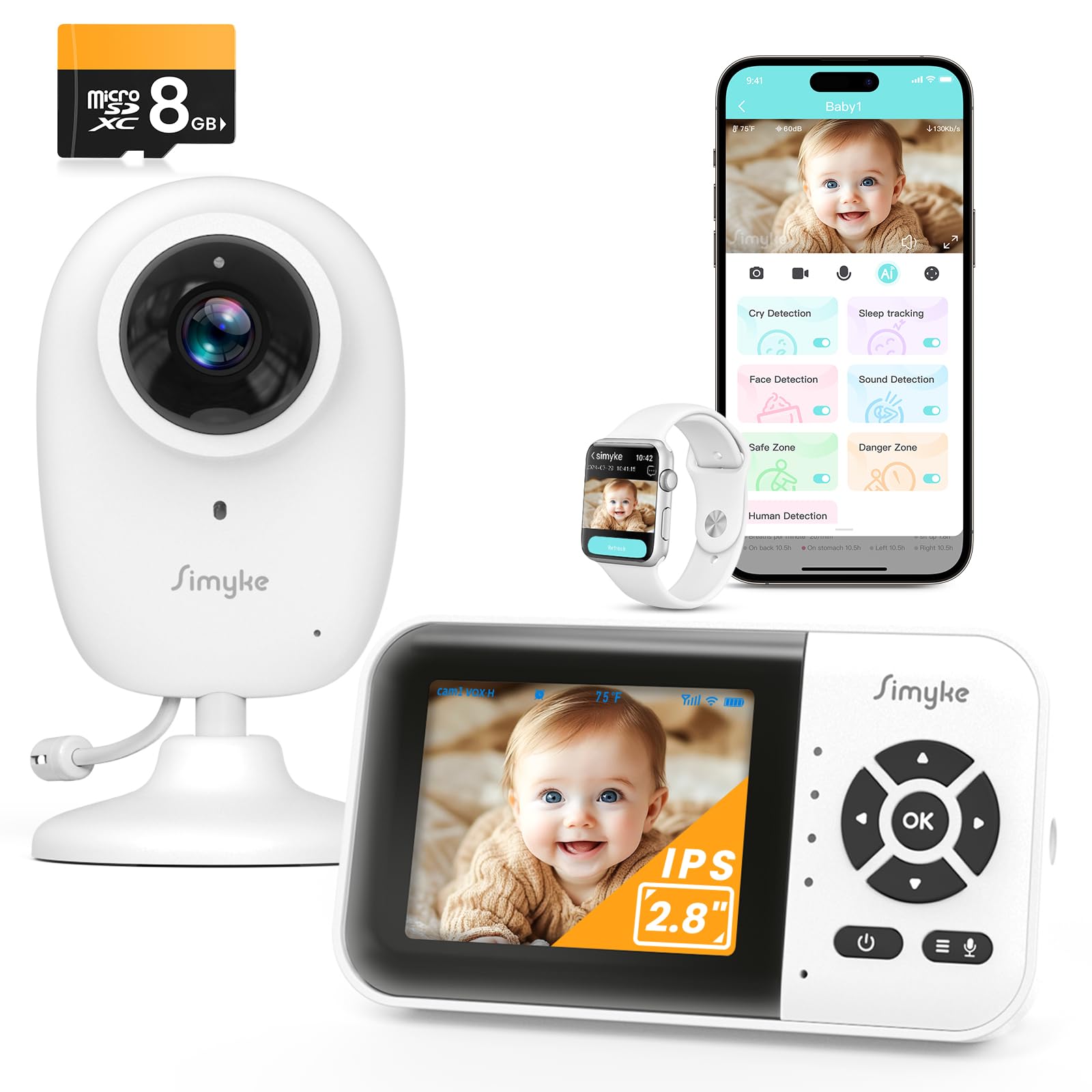 Monitor de bebé inteligente Simyke con tarjeta SD, cámara WiFi con IA y aplicación de teléfono, pantalla IPS de 2,8", seguimiento facial con IA, detección de sonido, visión nocturna de 1080P, conversación bidireccional, seguridad triple para múltiples usuarios, alcance de 1500 pies