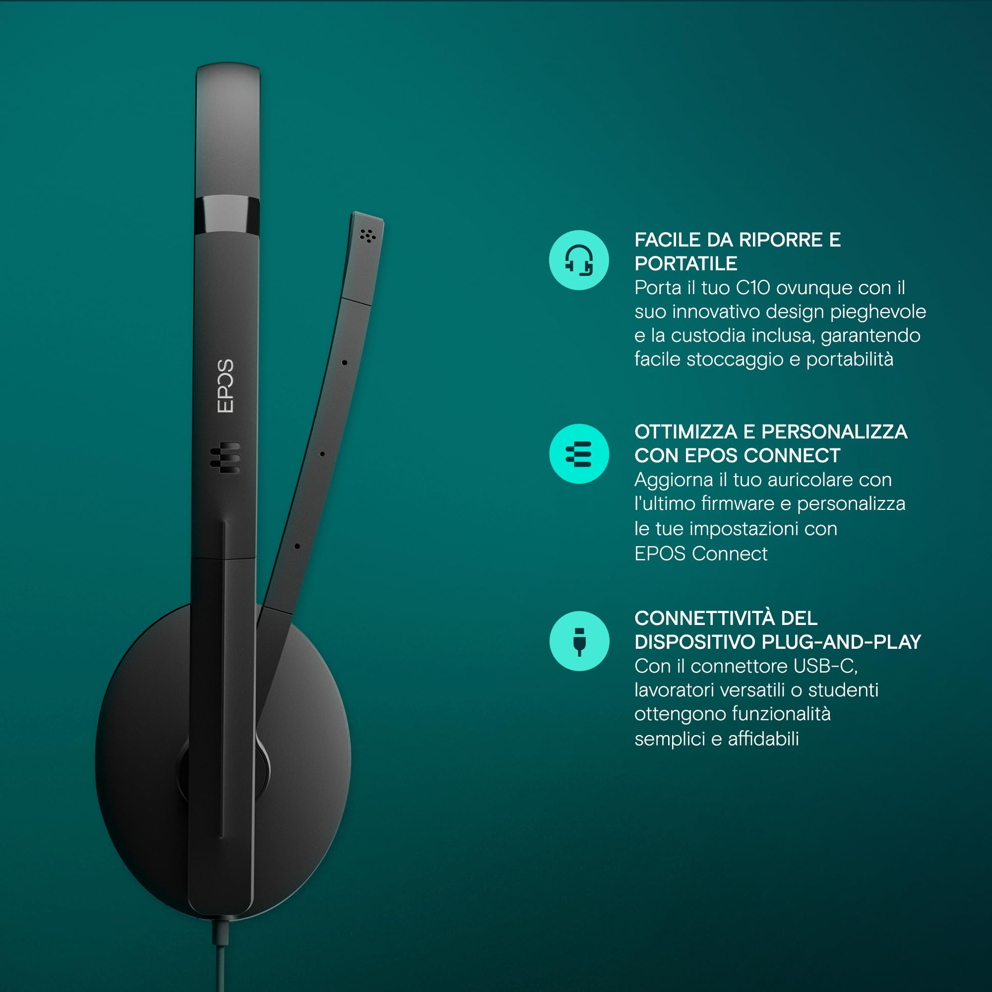 EPOS I SENNHEISER C10 Cuffie con microfono, auricolari con filo con connessione USB C semplice e flessibile e tecnologia BrainAdapt, Black, C10 USB-C