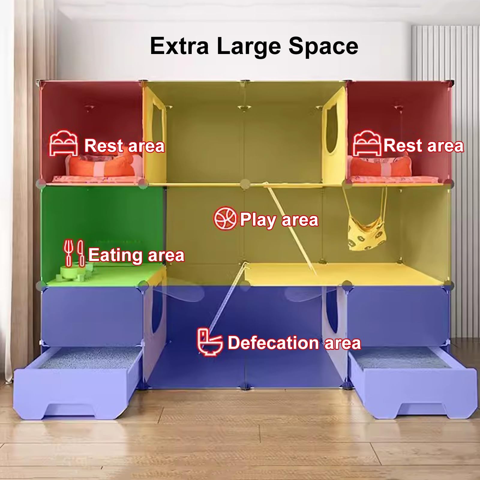 Jaula Grande para Gatos, Jaula para Gatos de 3 Niveles para Interiores con 2 Cajas de Arena, Recinto para Gatos, Perrera para Gatos de Interior, Villa para Gatos, para 2-4 Gatos