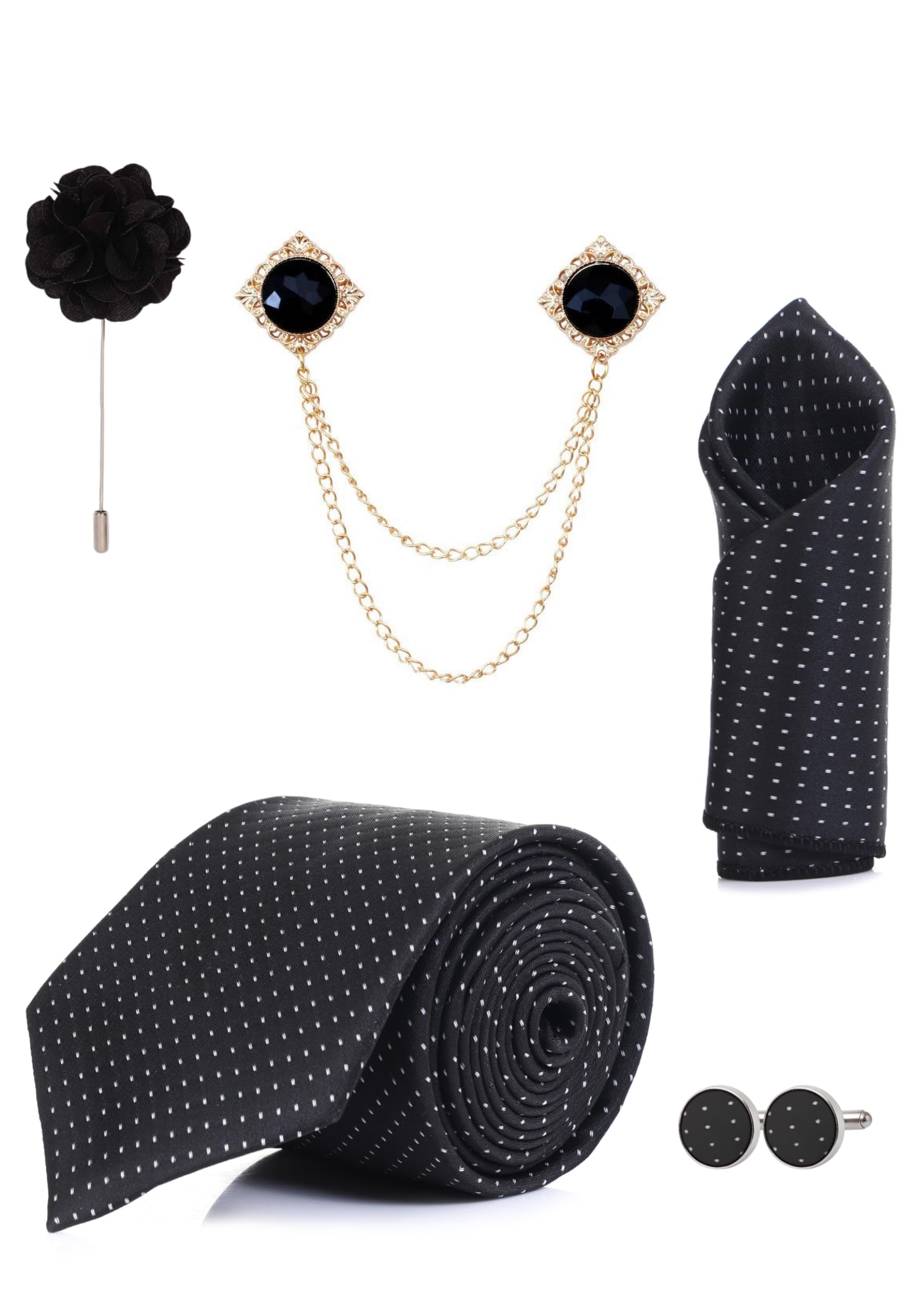 Premium Formal Black Polka Dot Tie Combo Set for Men | Necktie, Pocket Square, Brooch, Lapel Pin & Cufflinks | 9 Color Variants | Wedding & Office Gift Set-image-33