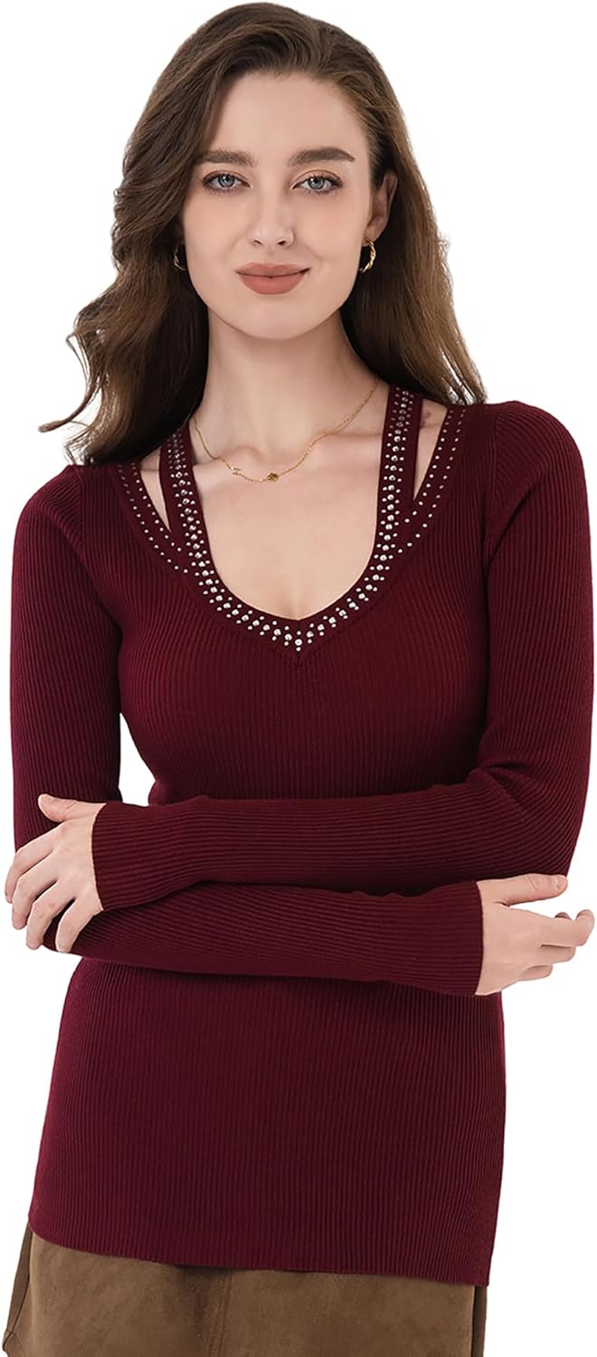 AmélieBoutik Women Rhinestone V Neck Solid Sweater Ribbed Knit Casual Blouse Tops - Image 5