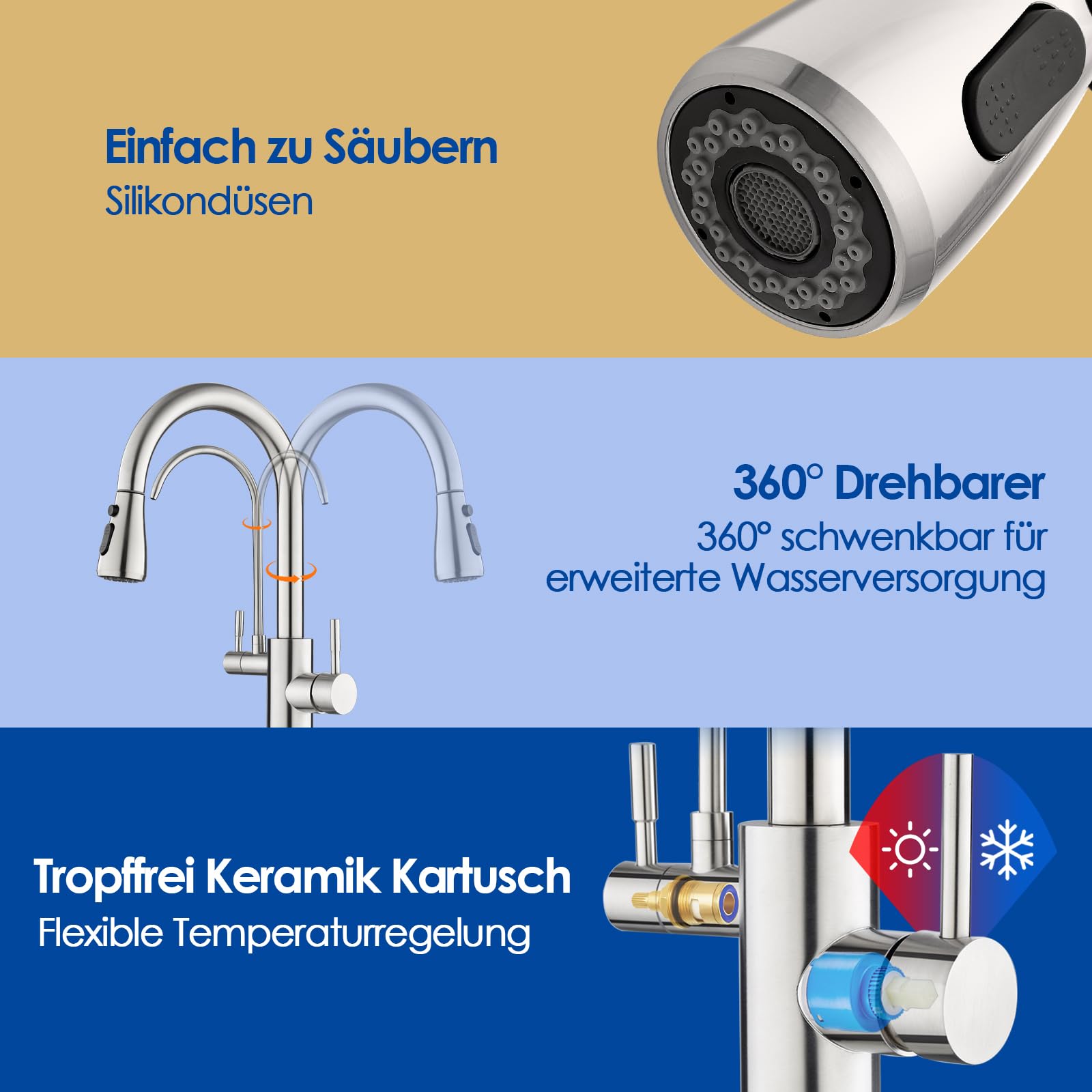 ROVOGO 3 Wege Wasserhahn Küche mit Filter, Hochdruck Küchenarmatur mit Brause Ausziehbar, Doppelhebel Spültischarmatur für Heiß-, Kalt- und Trinkwasser, Mischbatterie Gebürstet Edelstahl, C-Auslauf
