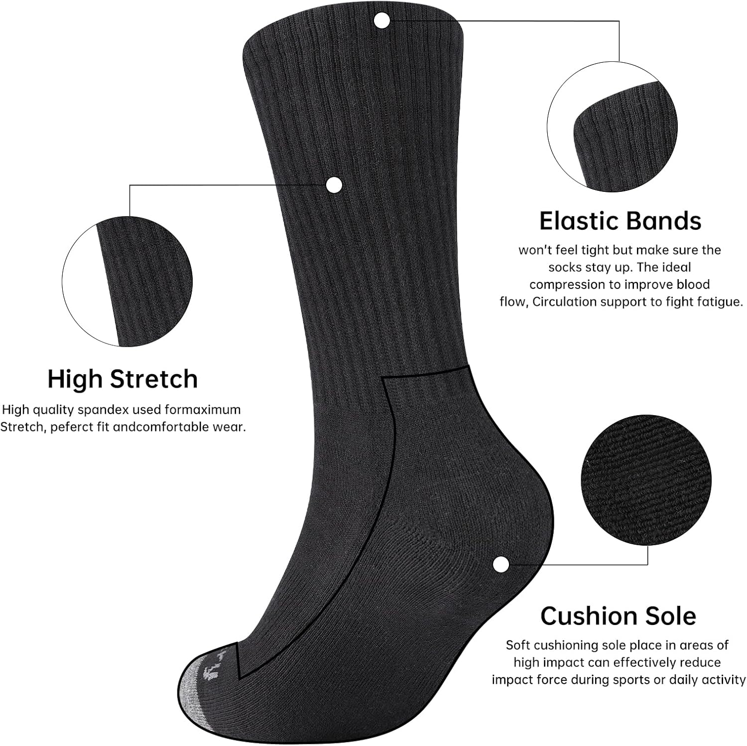 Mens 100% Cotton Moisture Wicking Cushioned Crew Socks, Athletic Performance Work socks - Image 5