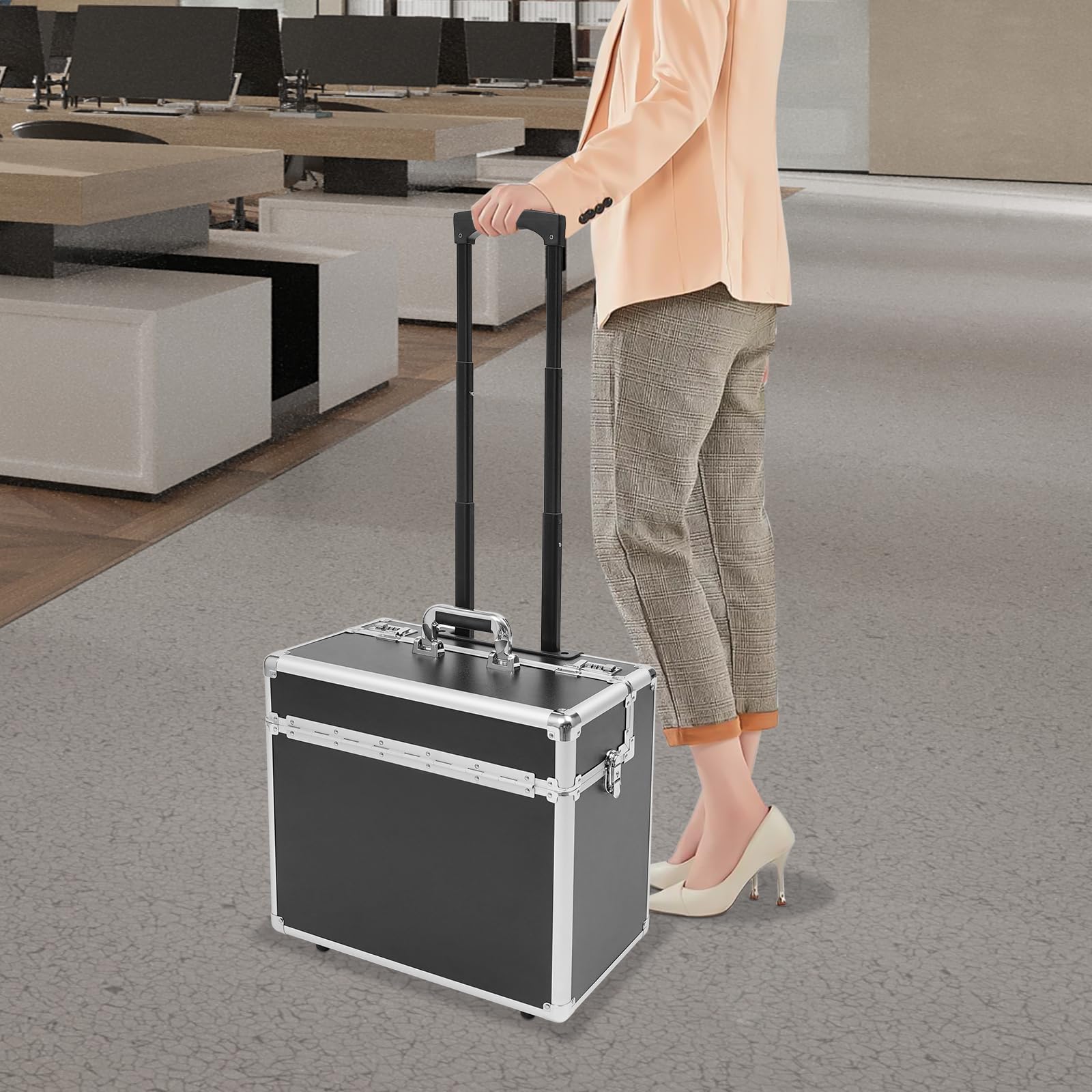 SHZICMY Maleta piloto de aluminio con ruedas, carro de negocios con compartimento para portátil y asa telescópica, color negro, 48,5 x 23 x 39 cm