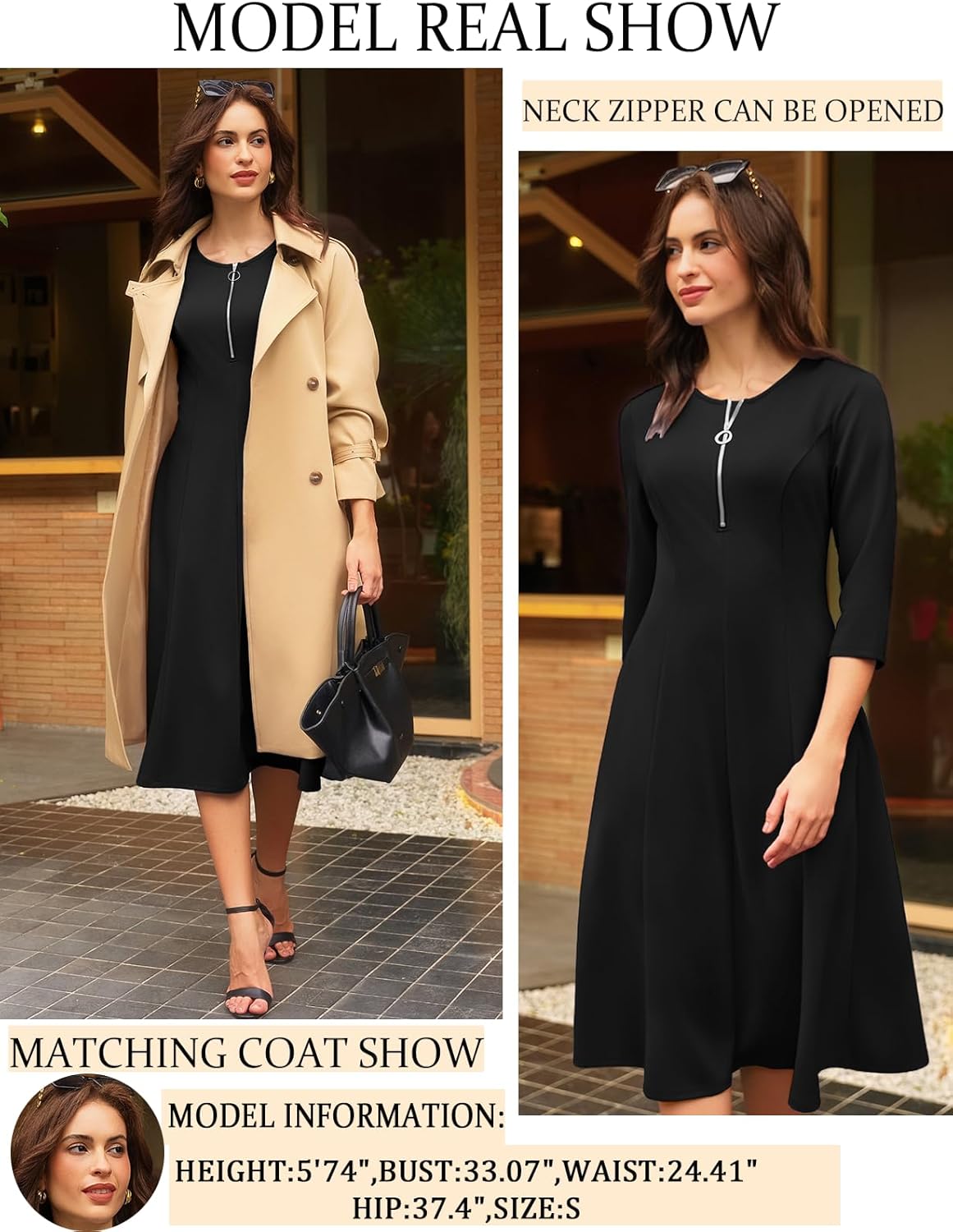 GRACE KARIN Women's 2025 Work Dress,Zipper Front Funeral Dress,3/4 Sleeve Dresses with Pockets - Image 2