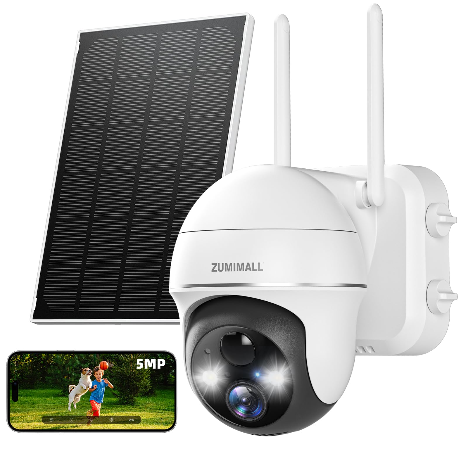 ZUMIMALL 5MP Security Cameras Wireless Outdoor, Solar Security Camera Outdoor with 360° PTZ, Battery Powered Camera for Home Security Outside, Color Night Vision/2.4G WiFi/2-Way Talk/IP66/AI Detection