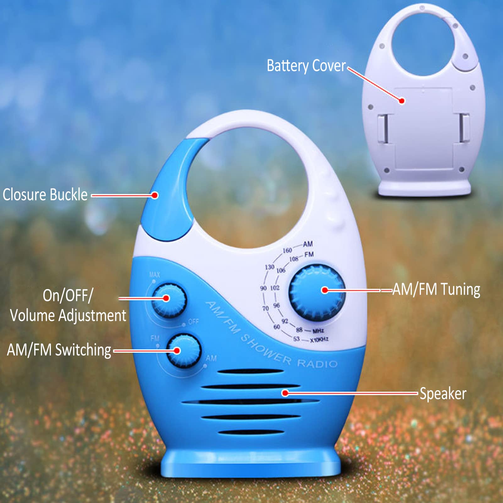 Tragbares Radio, Wasserdichtes Radio, das Duschradio Nimmt das Top-Griff-Design An, Kompaktes Design mit Eingebauten Lautsprechern, Geeignet für Duschräume, Nachttische und Garagen.