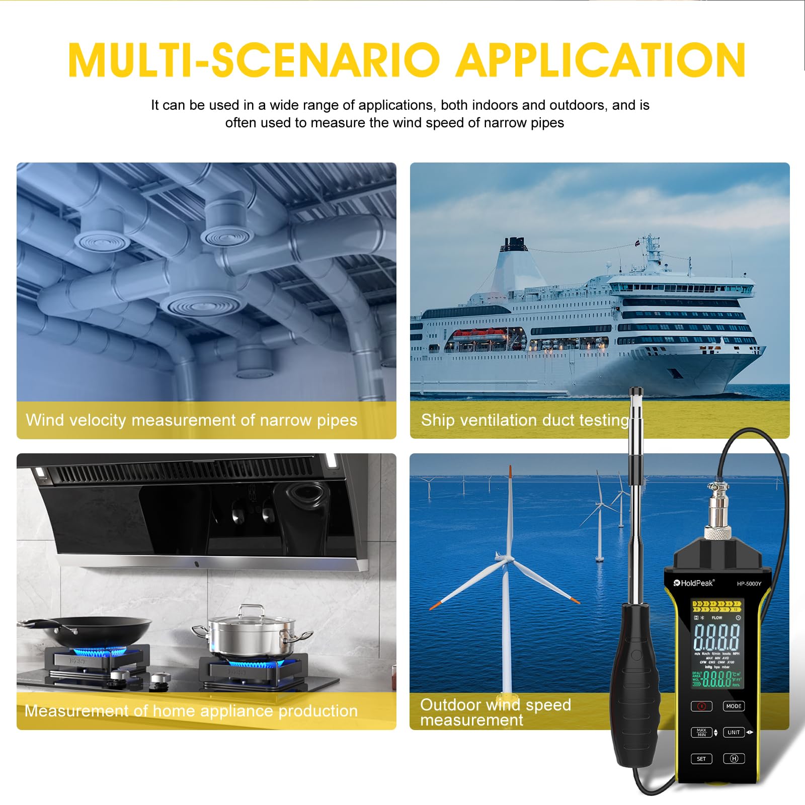 HOLDPEAK Anemómetro digital de alambre caliente CFM CMM medición temperatura sonda telescópica pantalla iluminada USB