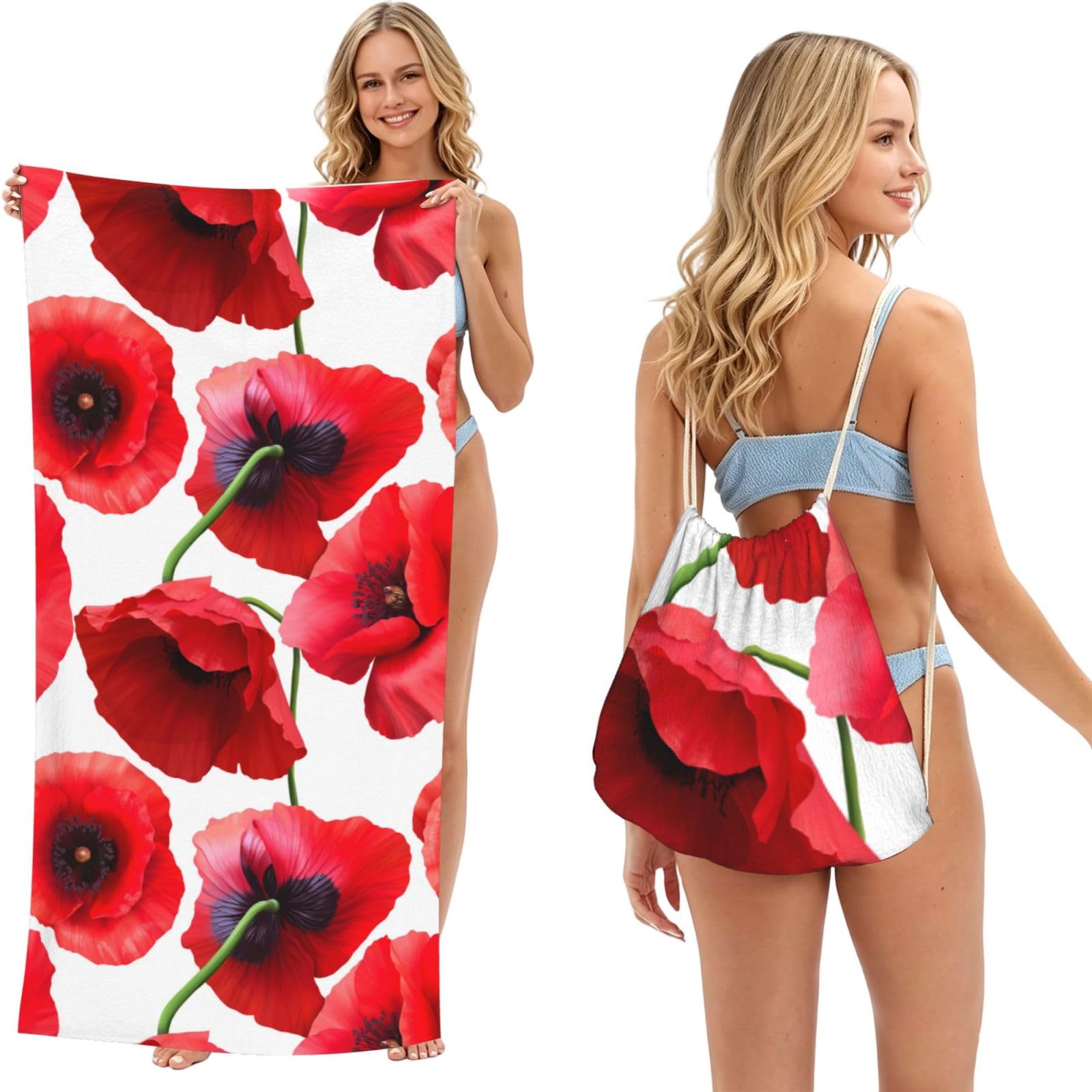 Poadnly As Picture Poppy Seamless Pattern, 2 In 1 Packable Towel Bag, Beach Towels With Drawstring Backpack For Travel Holiday Camping