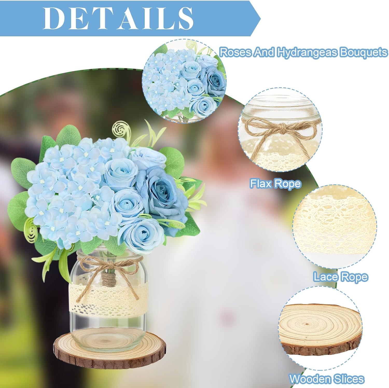 Set 10 Mason Jar Table Centerpiece - Wedding Centerpieces for Tables, Mason Jar Flower Centerpiece Vases Decor- Boho Farmhouse Rustic for Engagement, Bridal Shower, Wedding, Versatile Decor (Blue)
